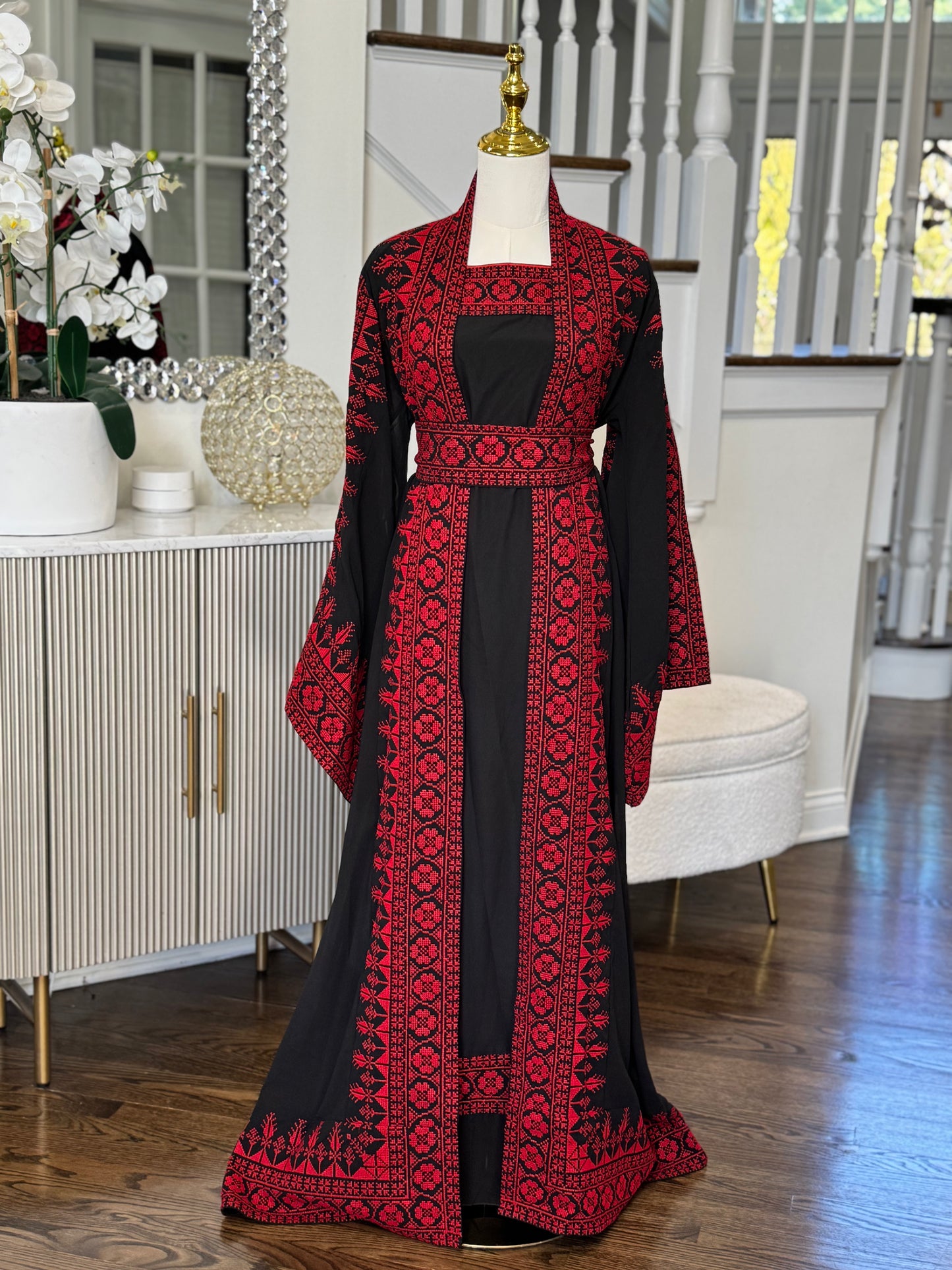3 Pcs Palestinian Embroidered Tatreez Open Abaya Thobe