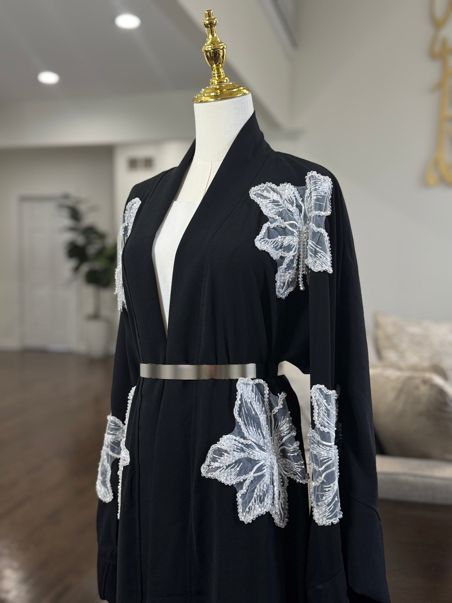 Lace Blossoms Cequin Floral Detailing on a Luxurious Open Abaya