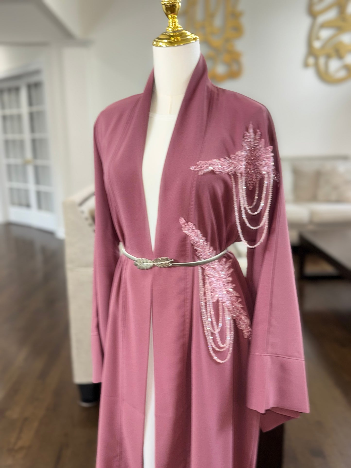 Pink Open Abaya With Embellished Beadwork On Shoulder