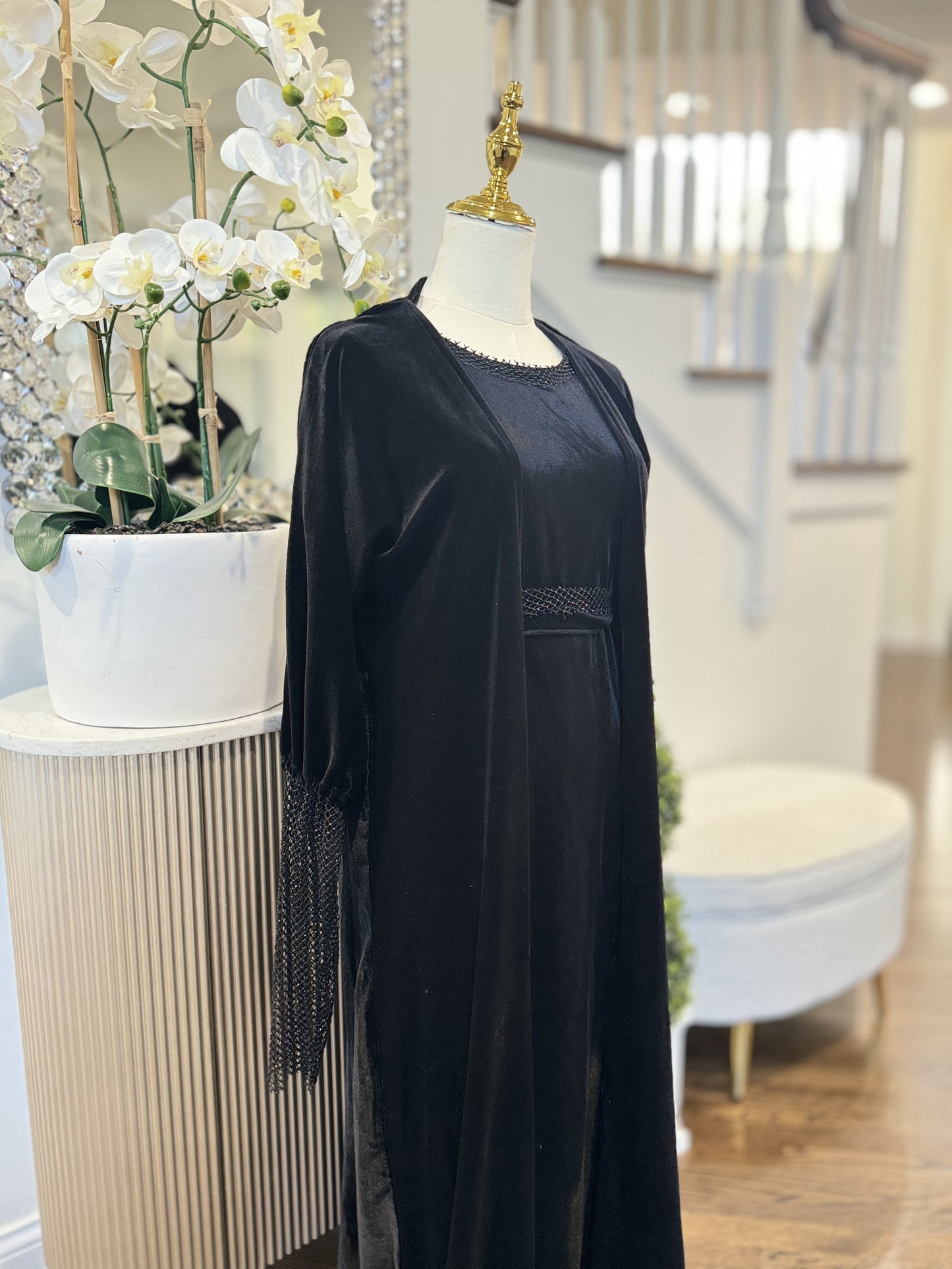 DUBAI Black Velvet Embellished cuffed Abaya ( 4 pcs set)