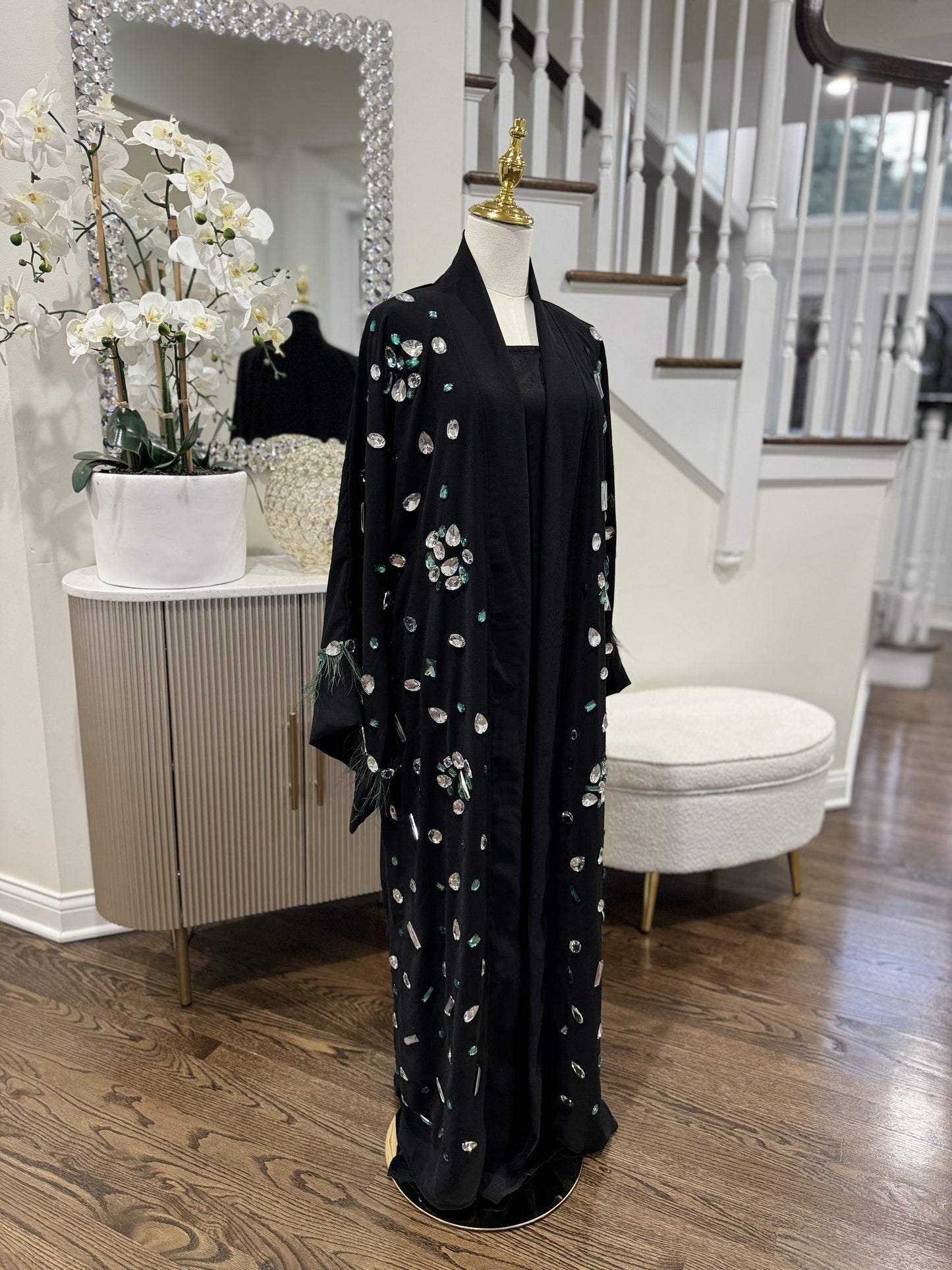 Crystal Embellished Open Abaya With Feathers Finished