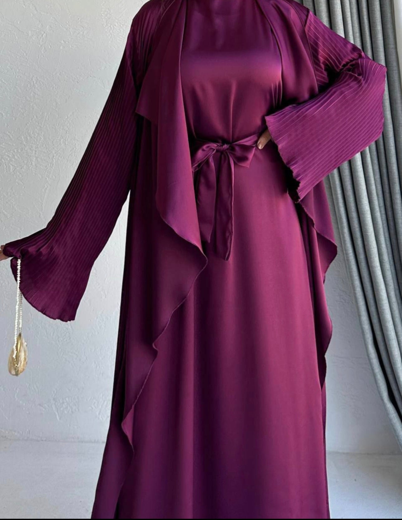 3 Pcs Satin Pleated Open Abaya set