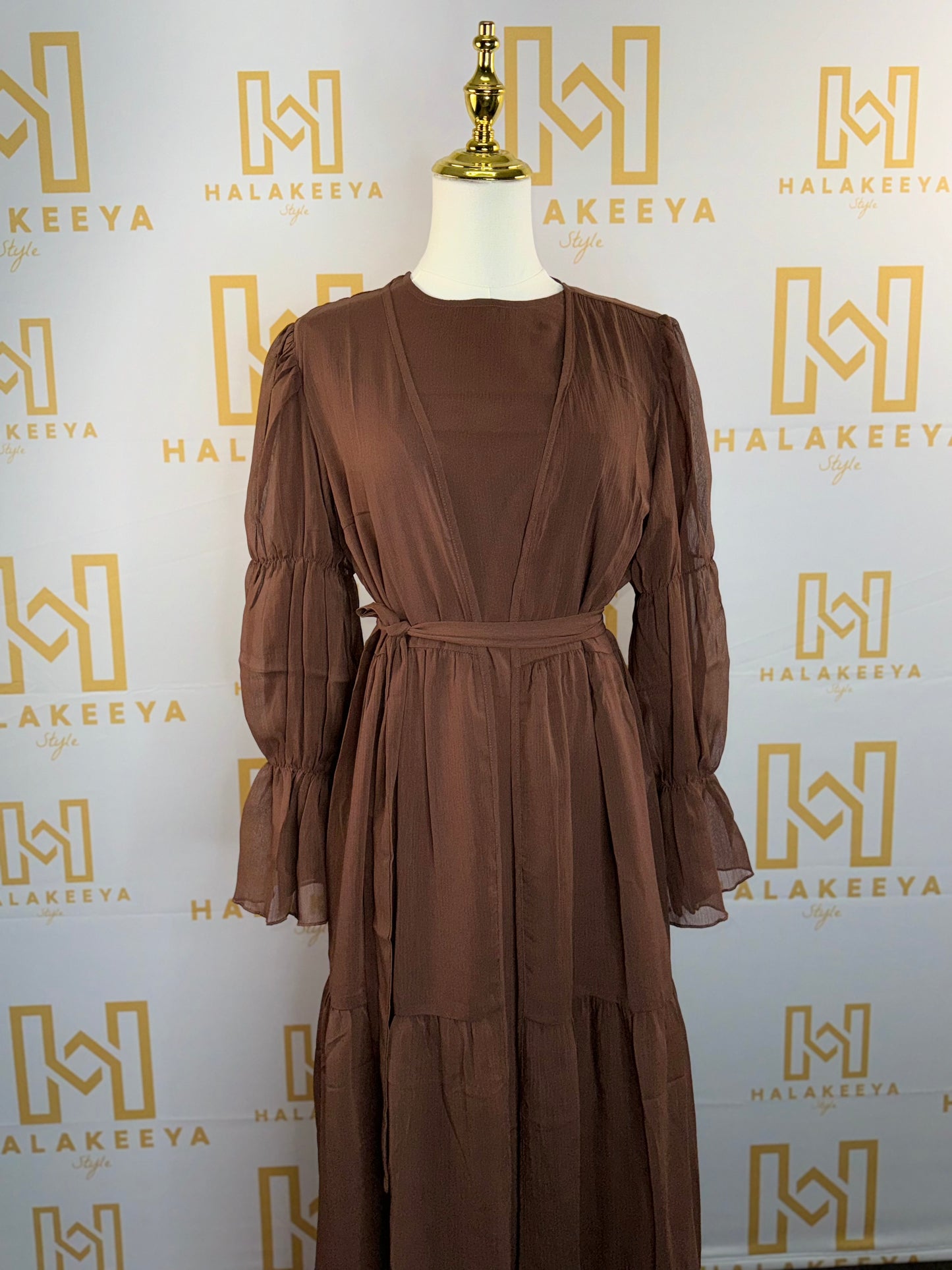 2-Piece Puff Sleeves Chiffon Abaya Set with Belt