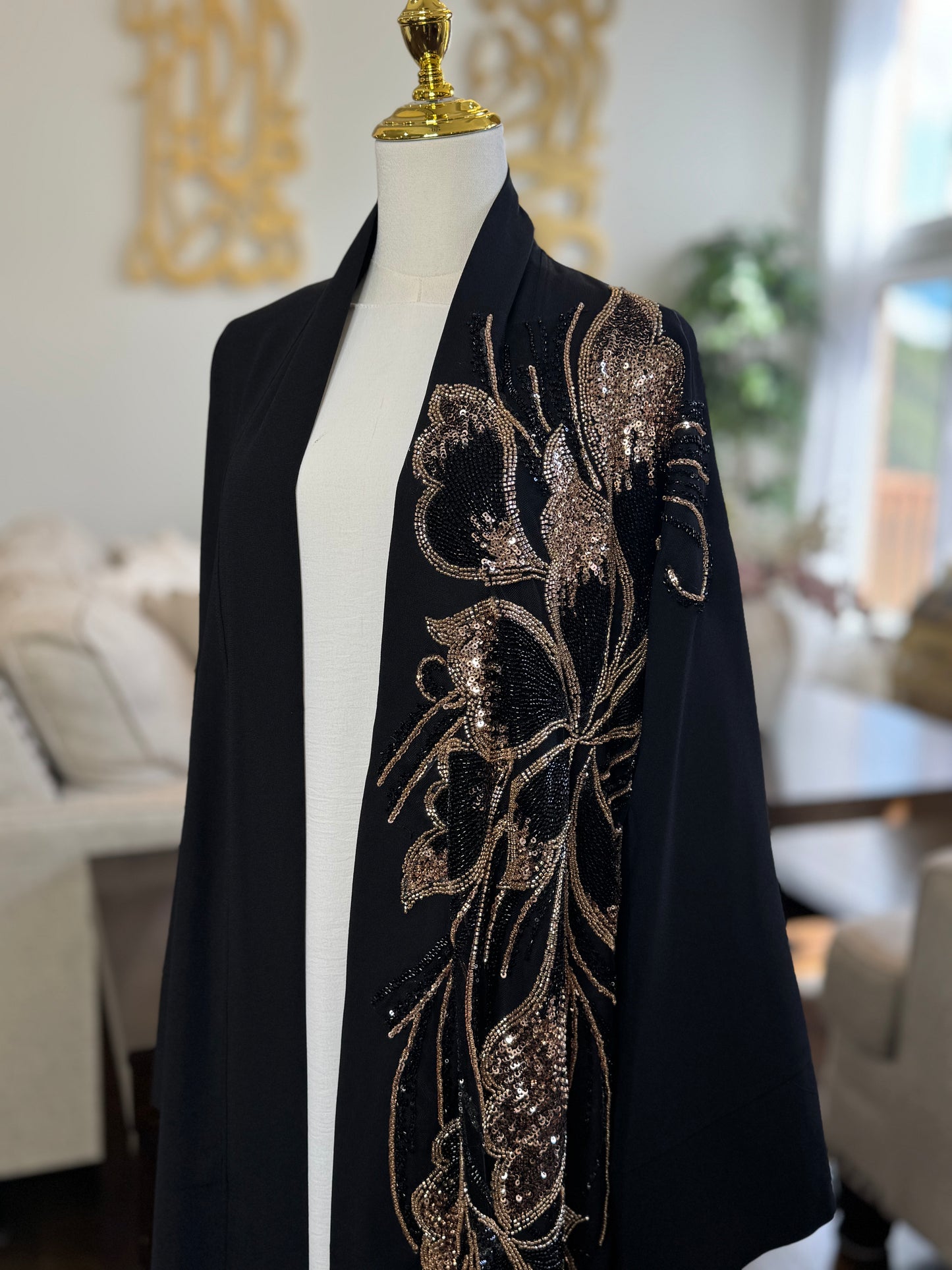 One Side Embellished Beaded Open Abaya