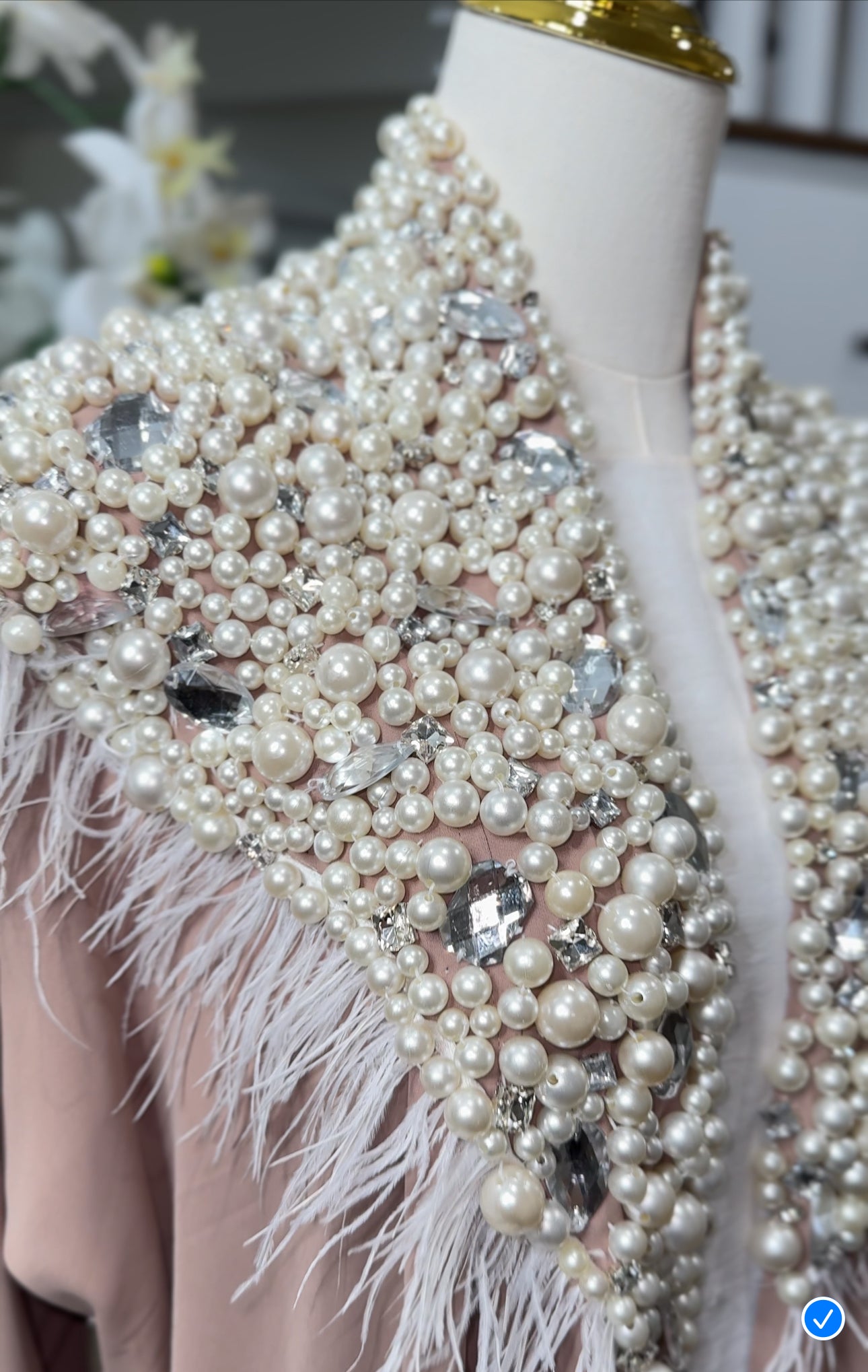 Pearls Mocha Handwork Beaded Open Abaya with Feather Detailing