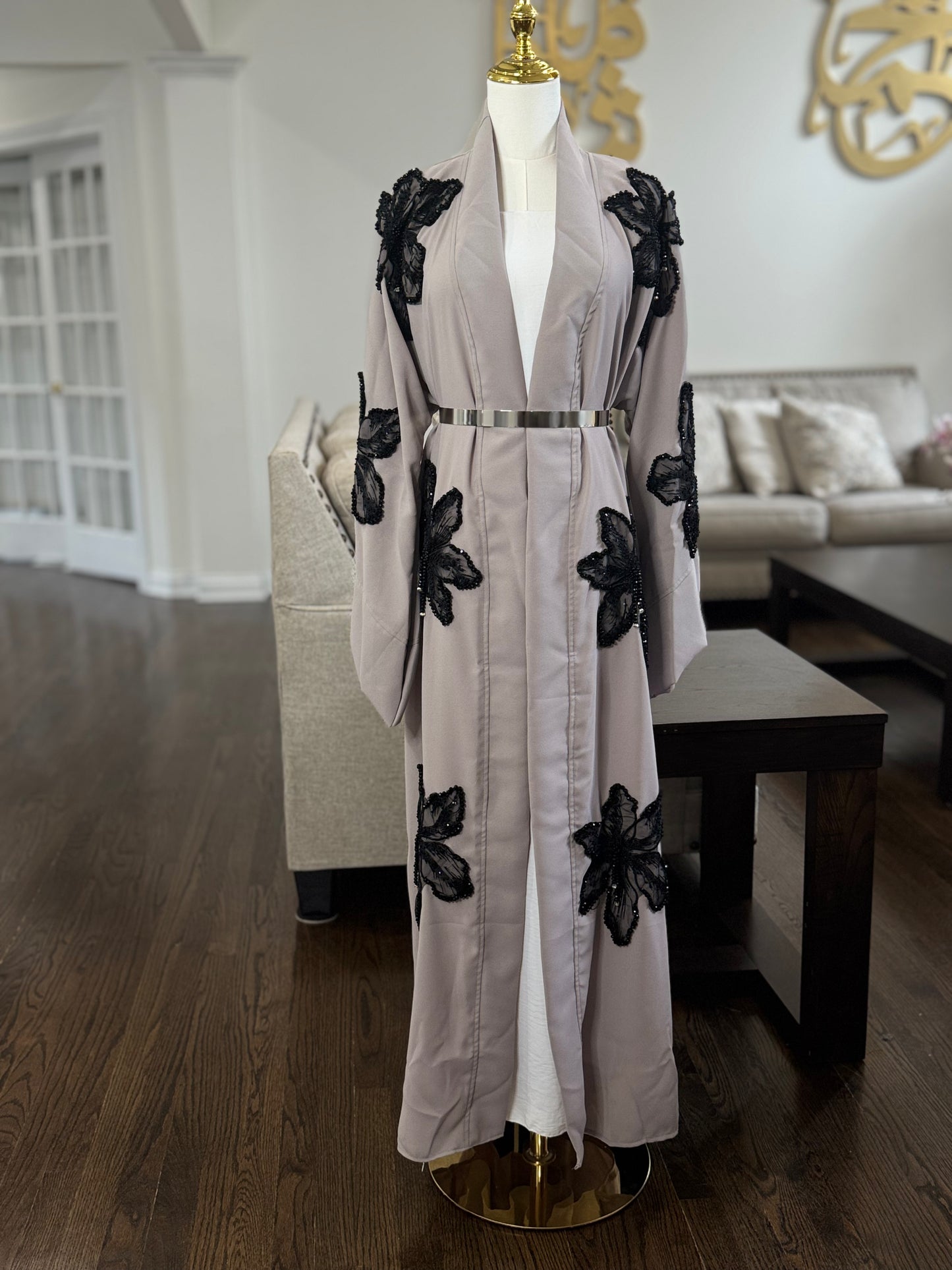 Lace Blossoms Cequin Floral Detailing on a Luxurious Open Abaya