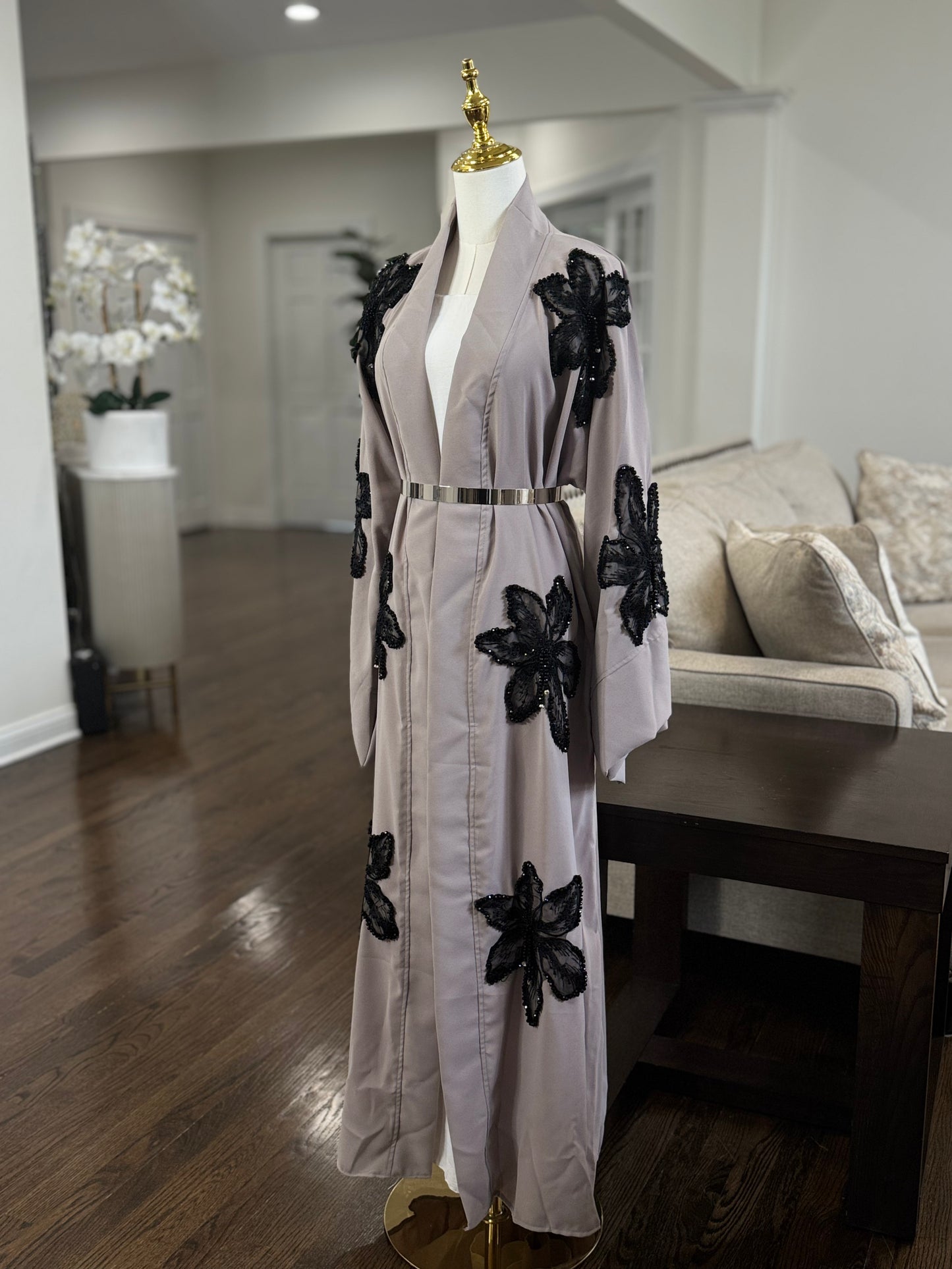 Lace Blossoms Cequin Floral Detailing on a Luxurious Open Abaya