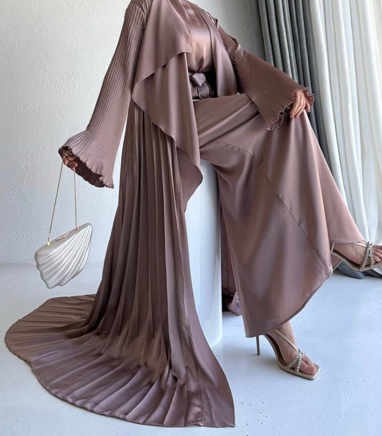 3 Pcs Satin Pleated Open Abaya set