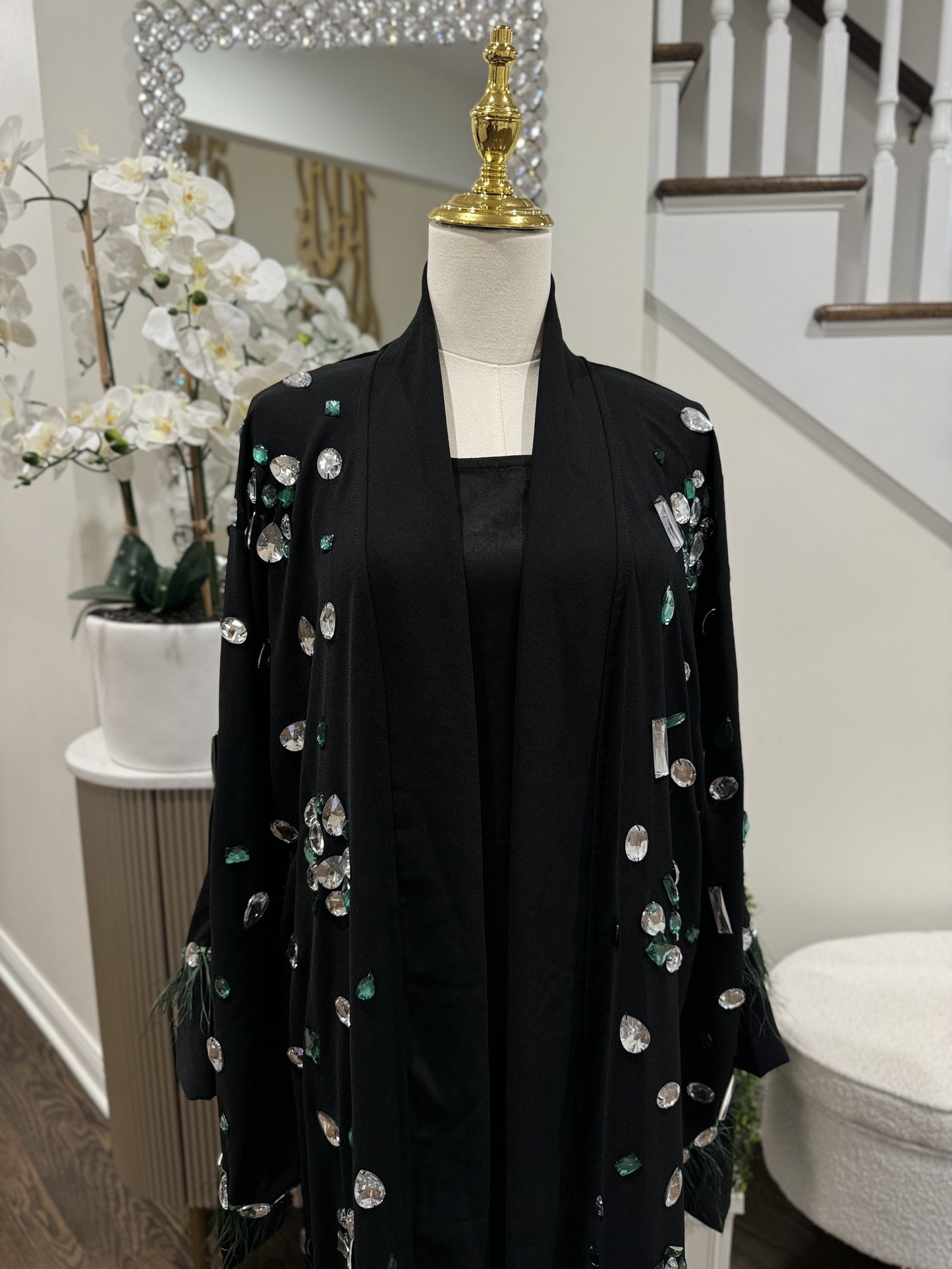 Crystal Embellished Open Abaya With Feathers Finished