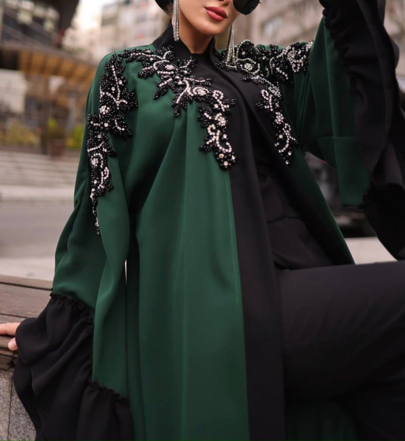 Handwork Beaded Chest and Shoulders open Abaya