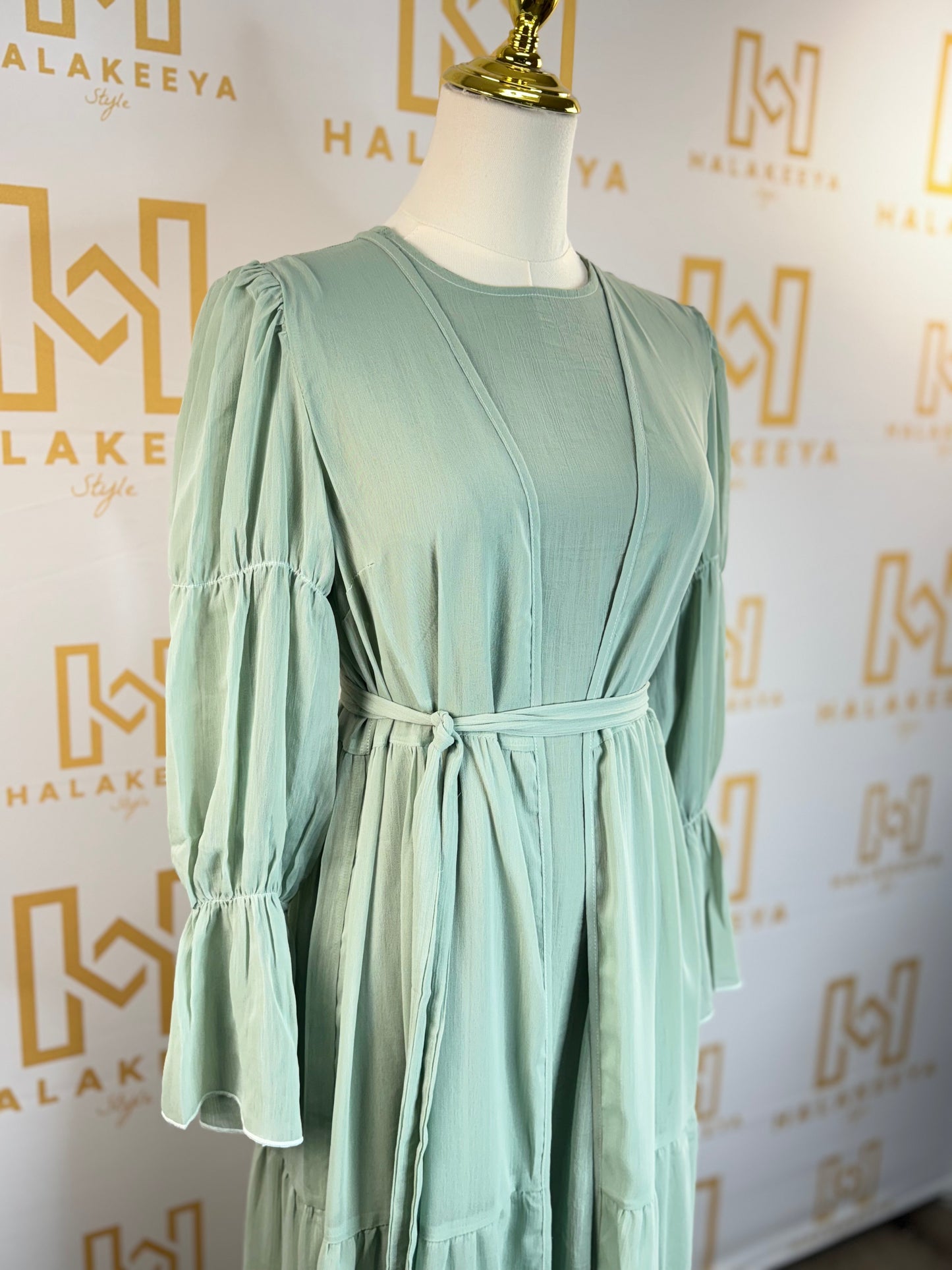 2-Piece Puff Sleeves Chiffon Abaya Set with Belt