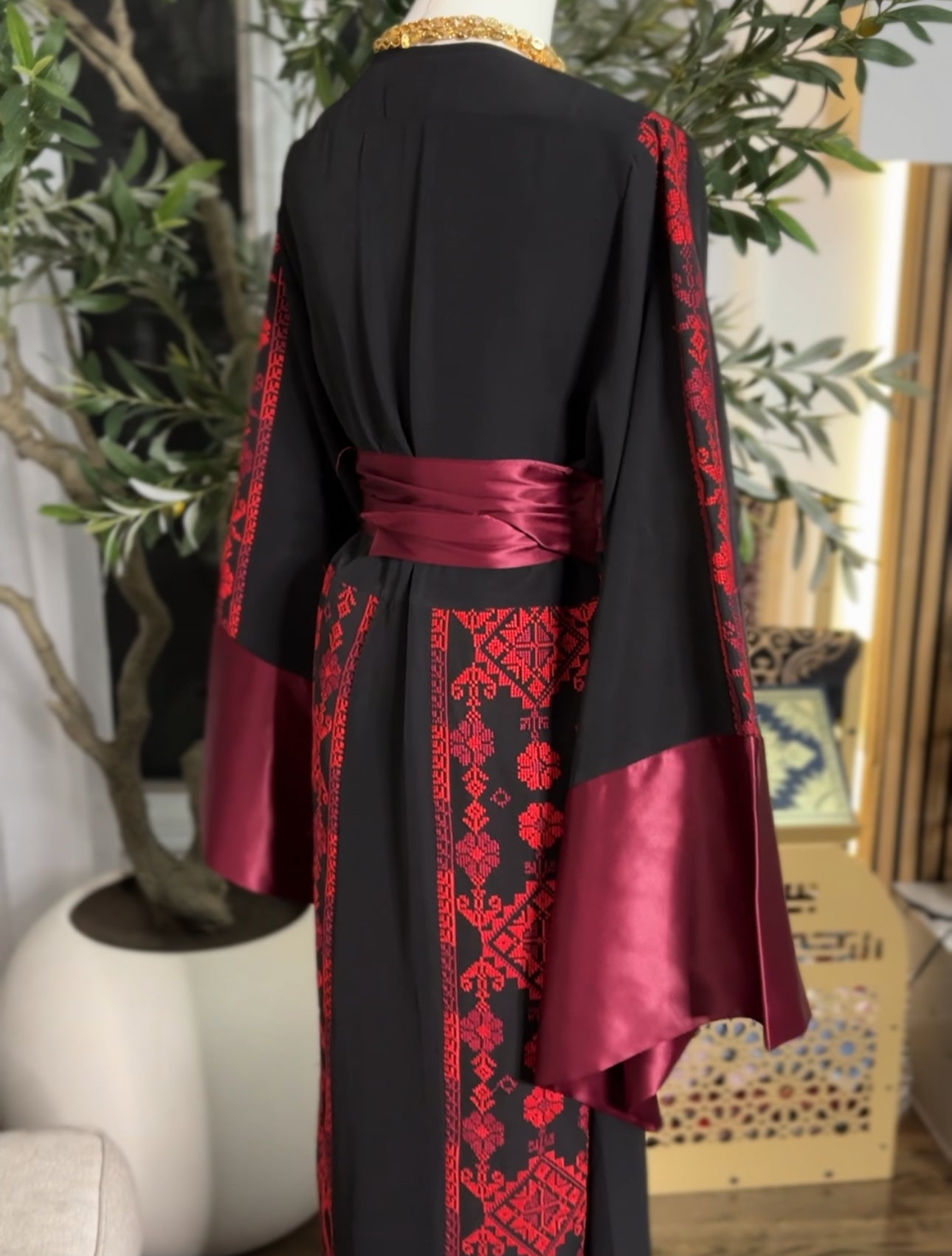 Palestinian Tatreez Thobe Wide Satin Sleeves 4 panels embroidered