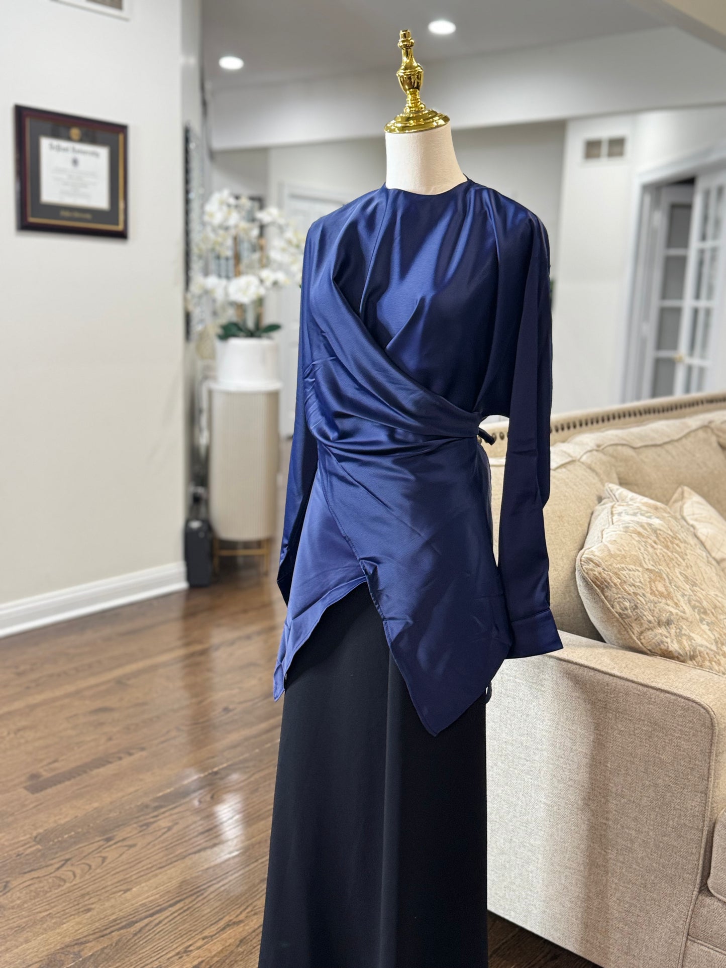 Long Sleeves Satin Tie Wrap Blouse