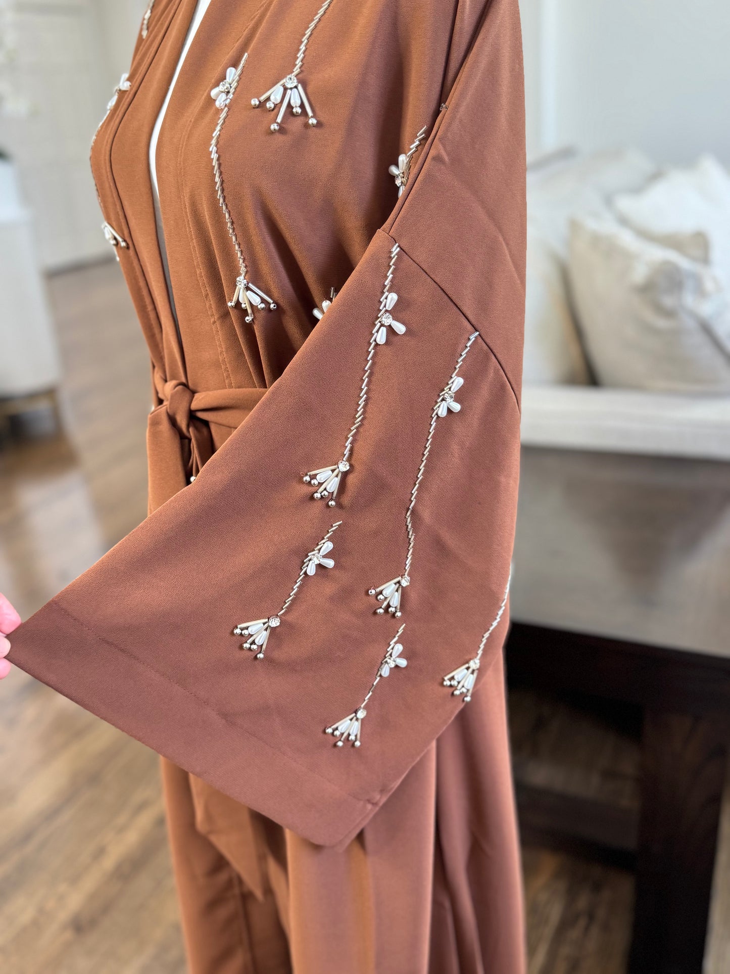 Pearls Beaded Butterfly Open Abaya