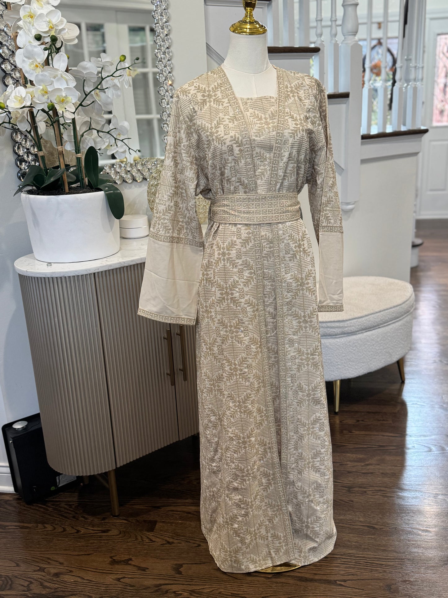 3 Pcs Tatreez Beige Open Abaya Thobe