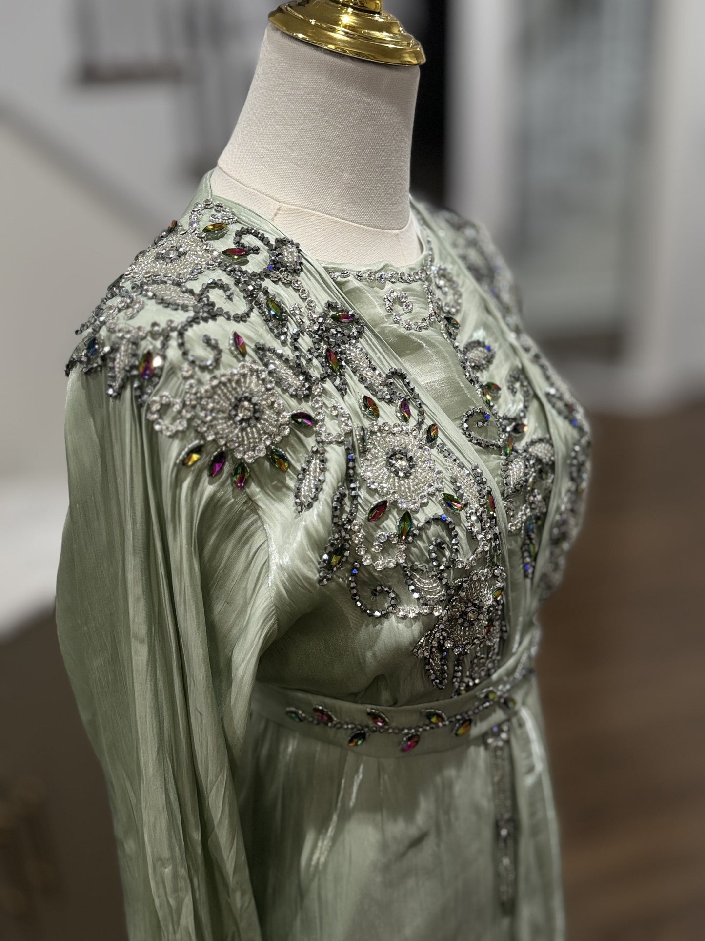 4 Pcs Embellished Beaded Organza Open Abaya Sage