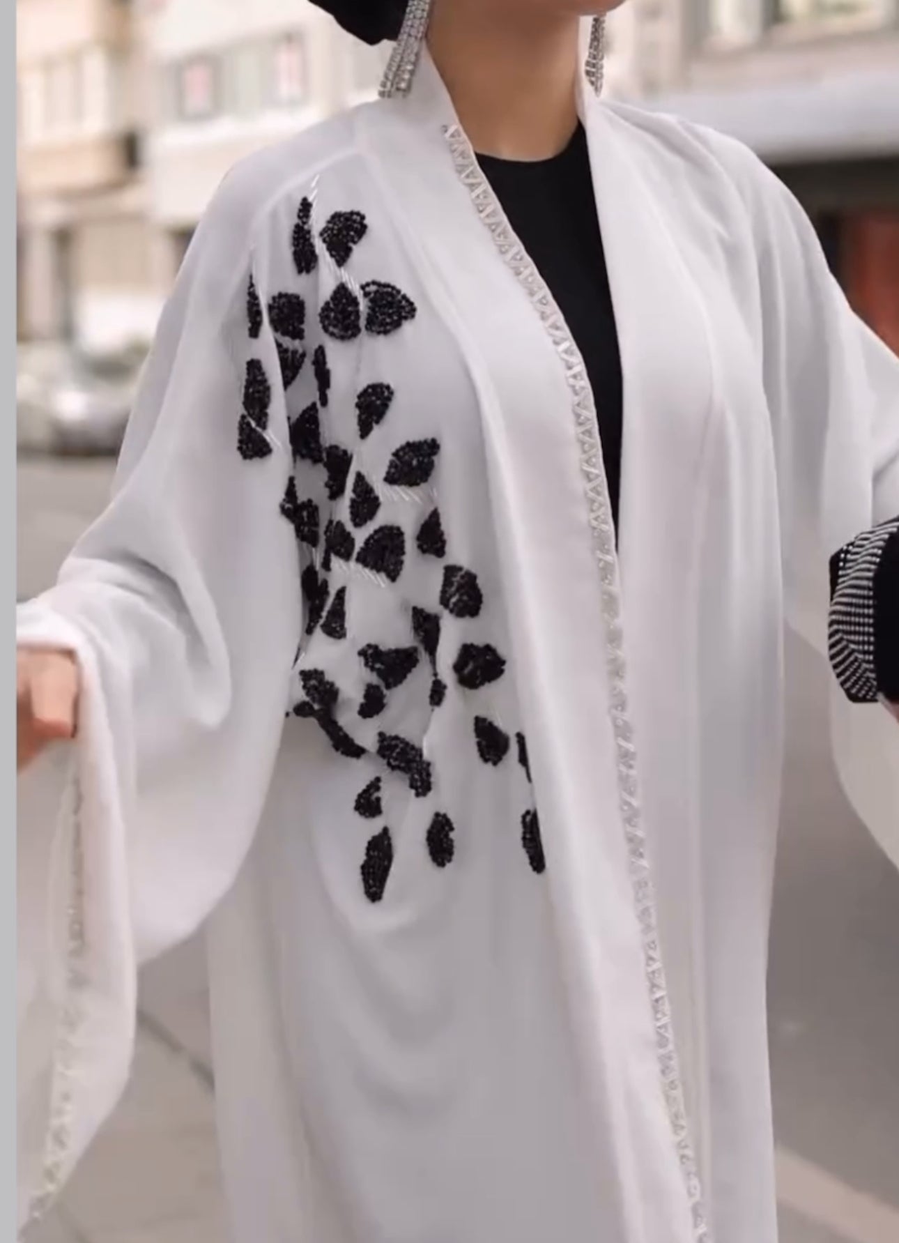 Embellished Black Silver Beaded Wide Sleeves Abaya