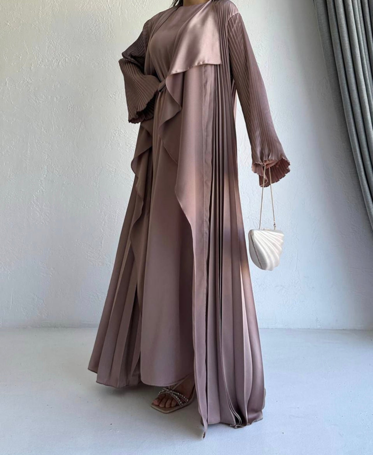 3 Pcs Satin Pleated Open Abaya set