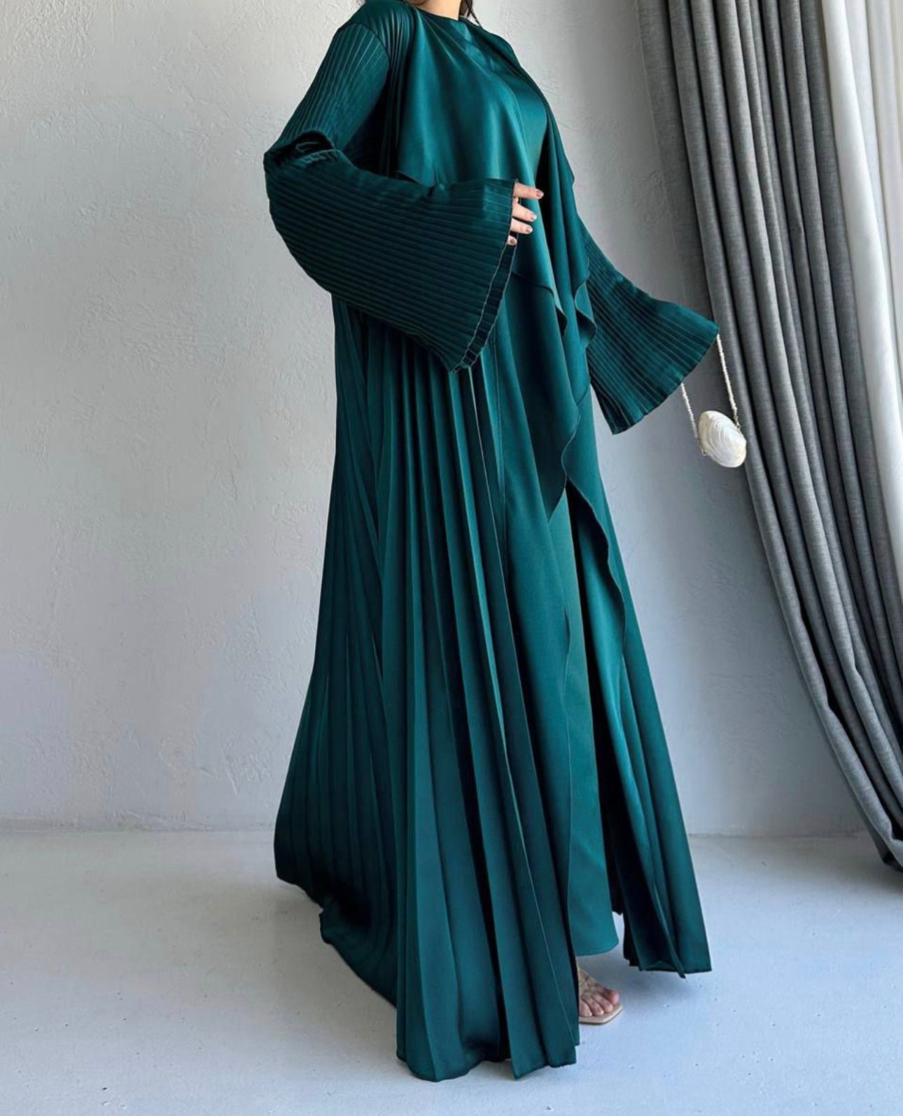 3 Pcs Satin Pleated Open Abaya set