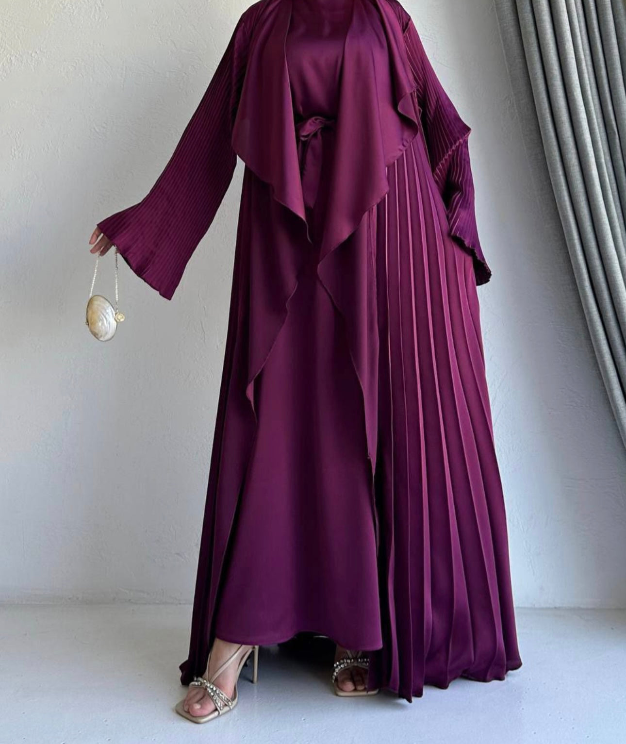 3 Pcs Satin Pleated Open Abaya set