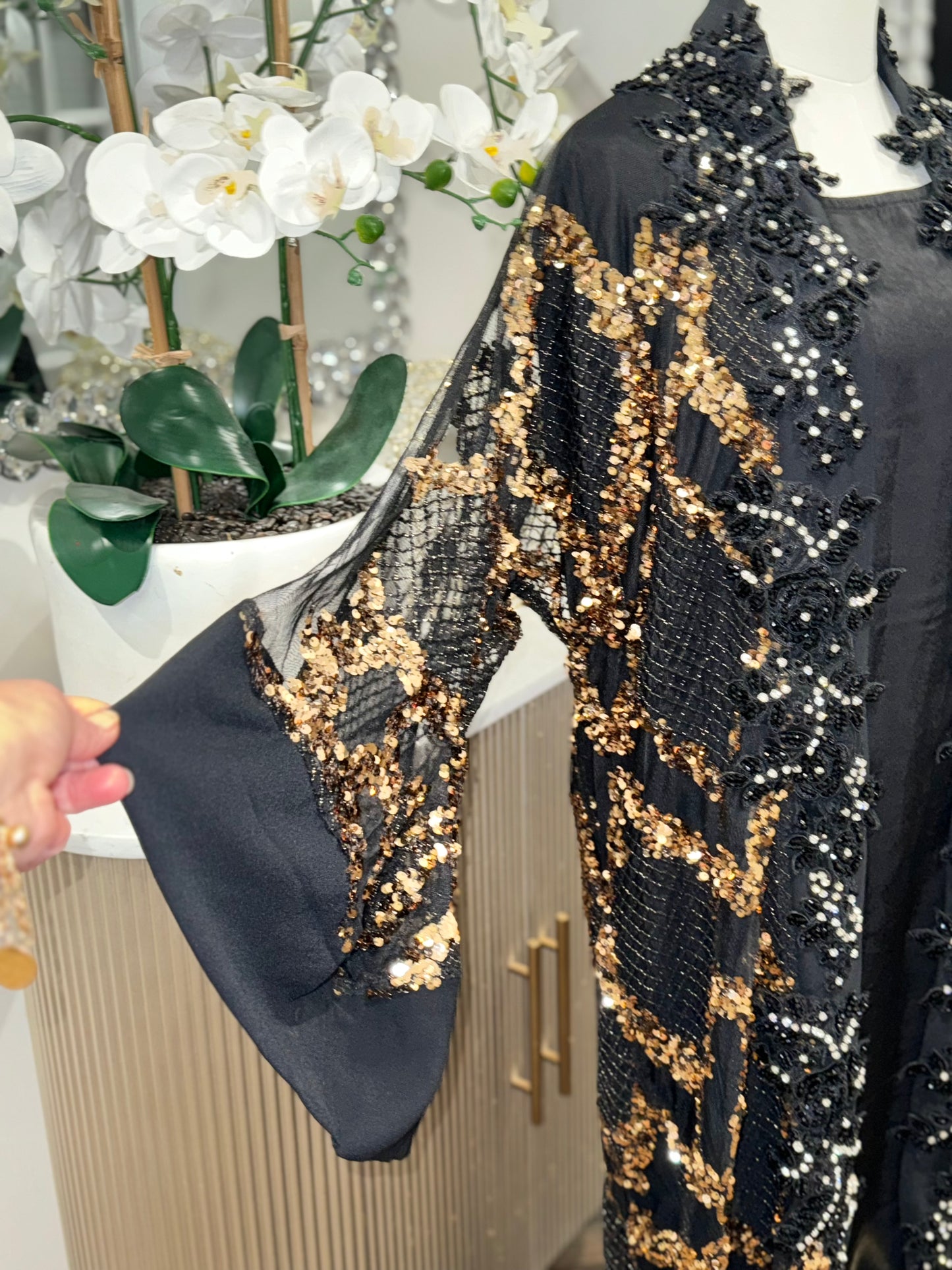 Handwork Sequins and Beaded Mesh Black Abaya with Wide Sleeves