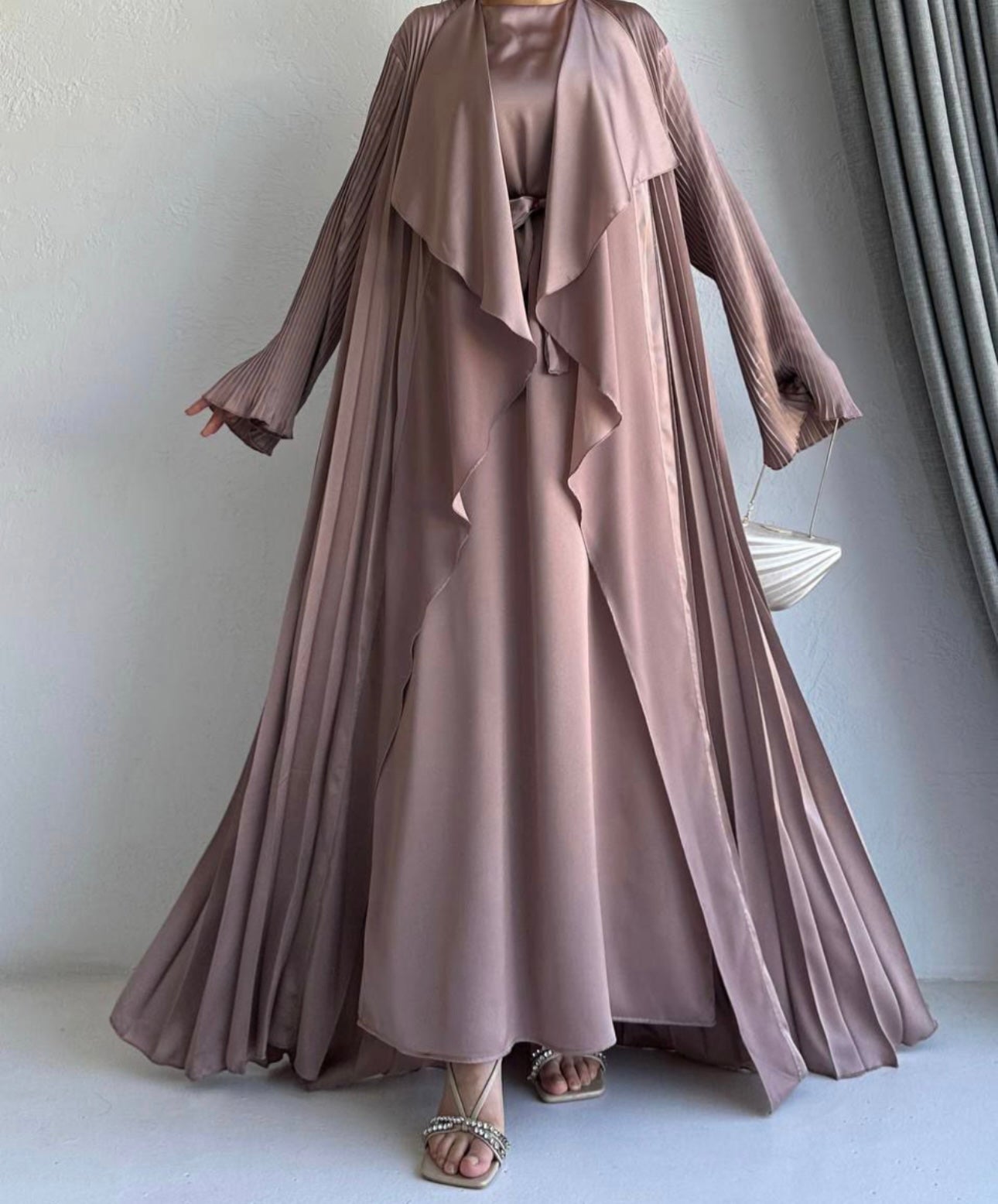 3 Pcs Satin Pleated Open Abaya set