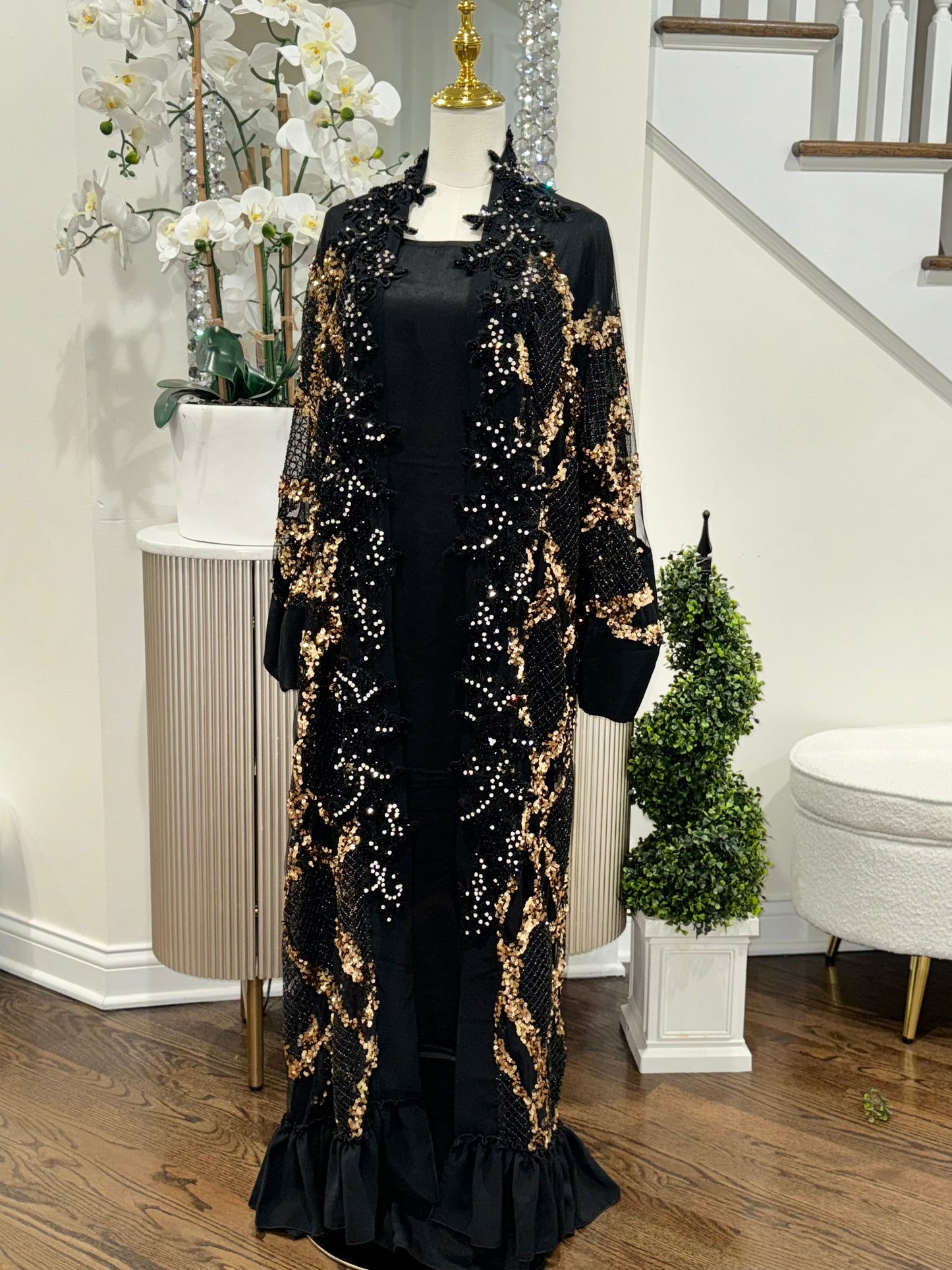 Handwork Sequins and Beaded Mesh Black Abaya with Wide Sleeves