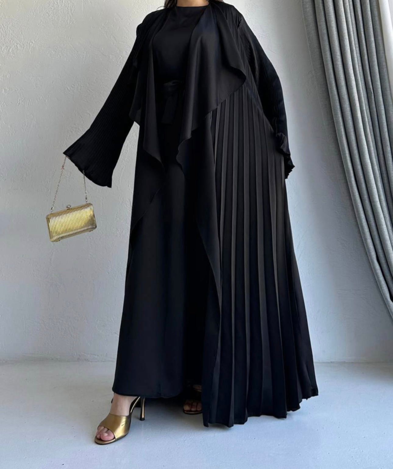 3 Pcs Satin Pleated Open Abaya set