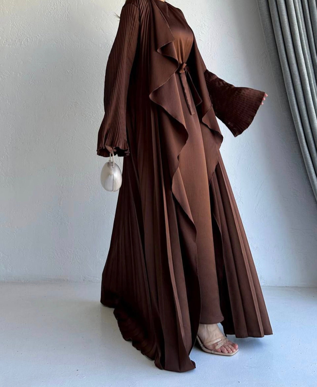 3 Pcs Satin Pleated Open Abaya set