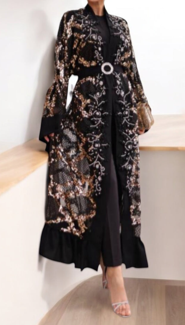 Handwork Sequins and Beaded Mesh Black Abaya with Wide Sleeves