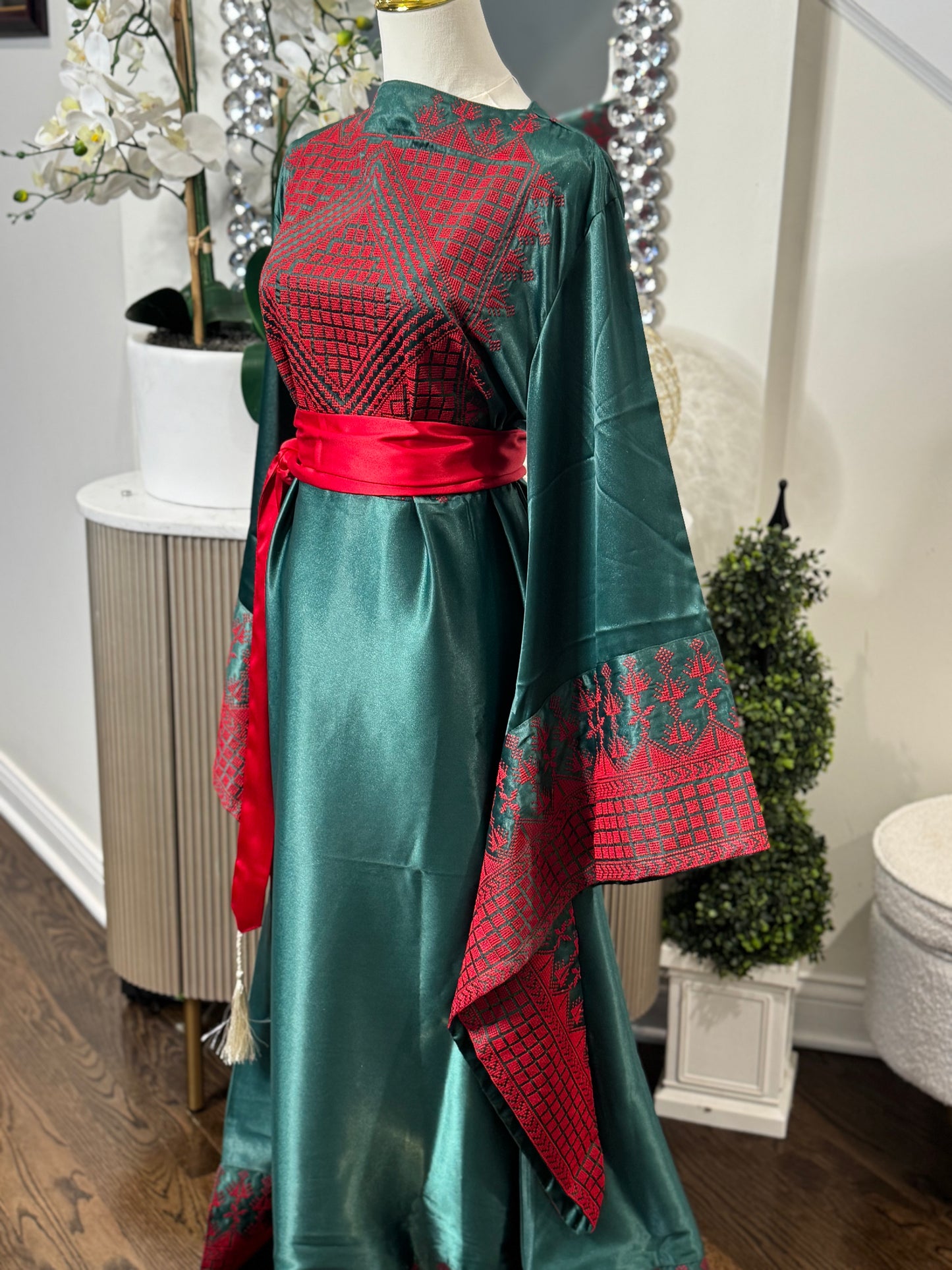 Green Satin Embroidered Thobe with Wide Sleeves