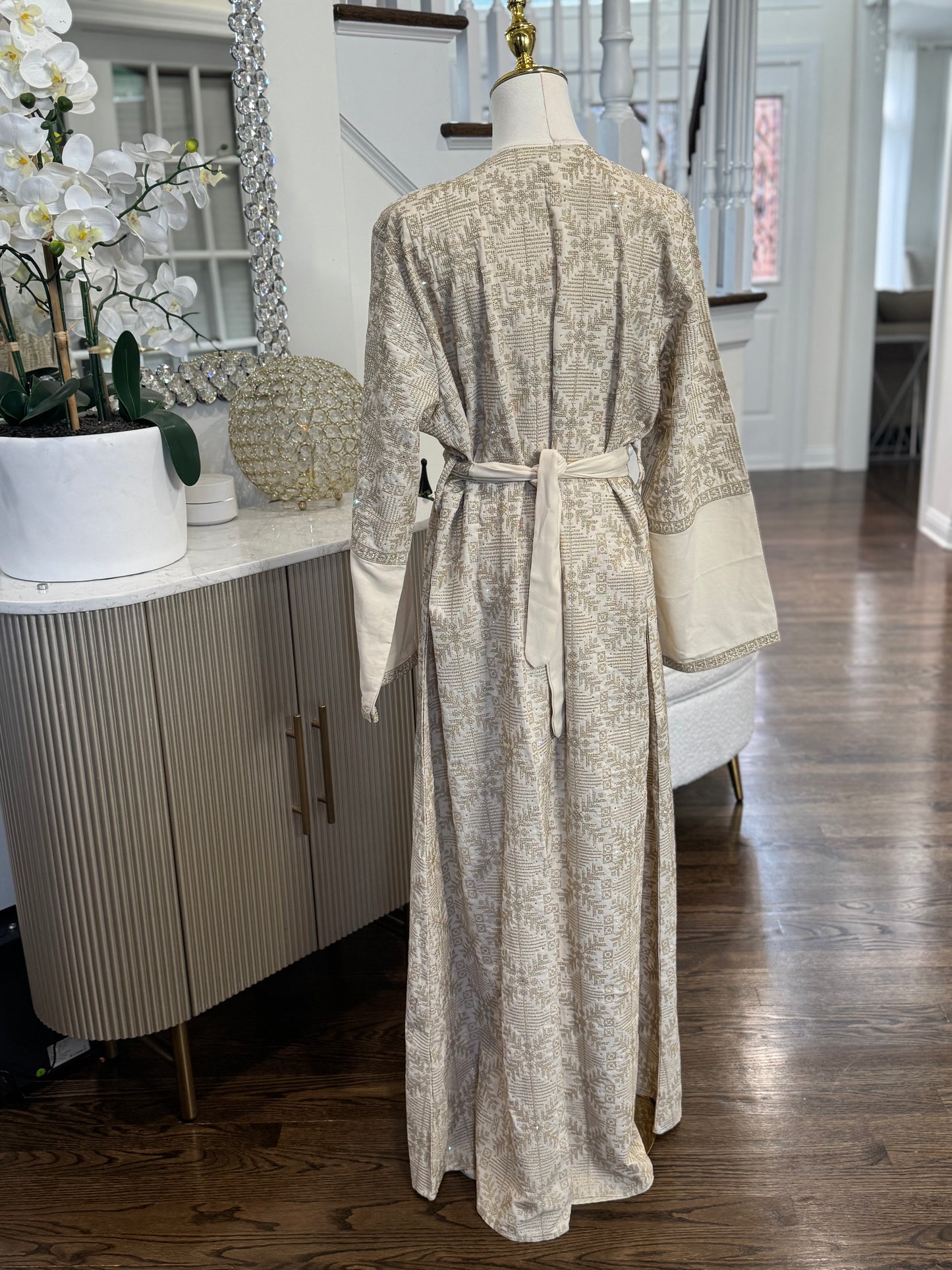 3 Pcs Tatreez Beige Open Abaya Thobe