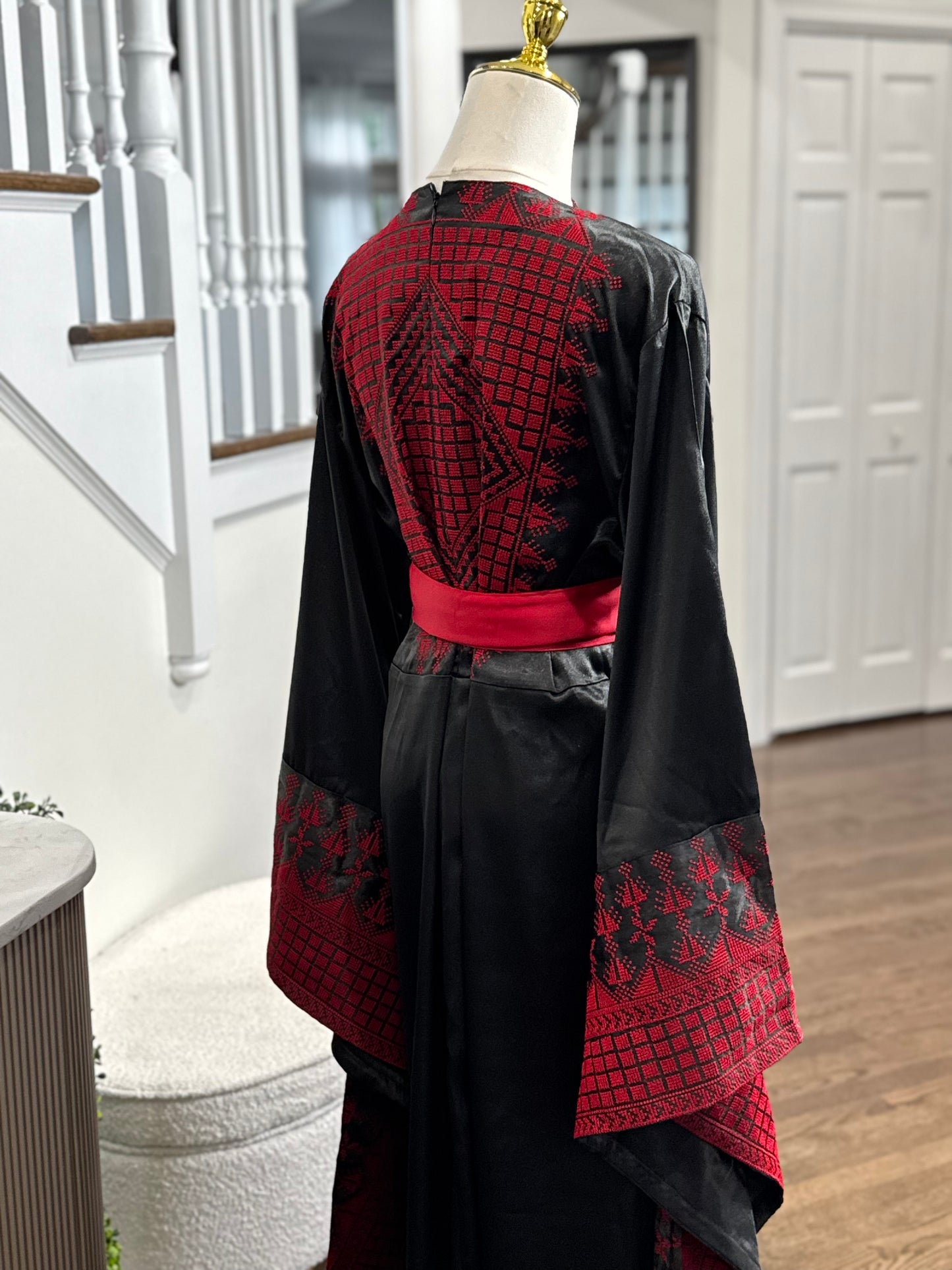 Black Satin Embroidered Thobe with Wide Sleeves
