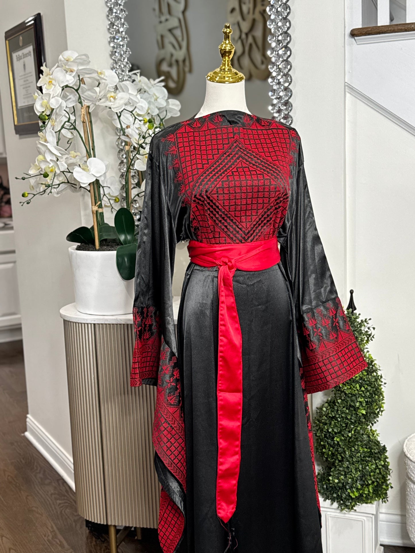 Black Satin Embroidered Thobe with Wide Sleeves