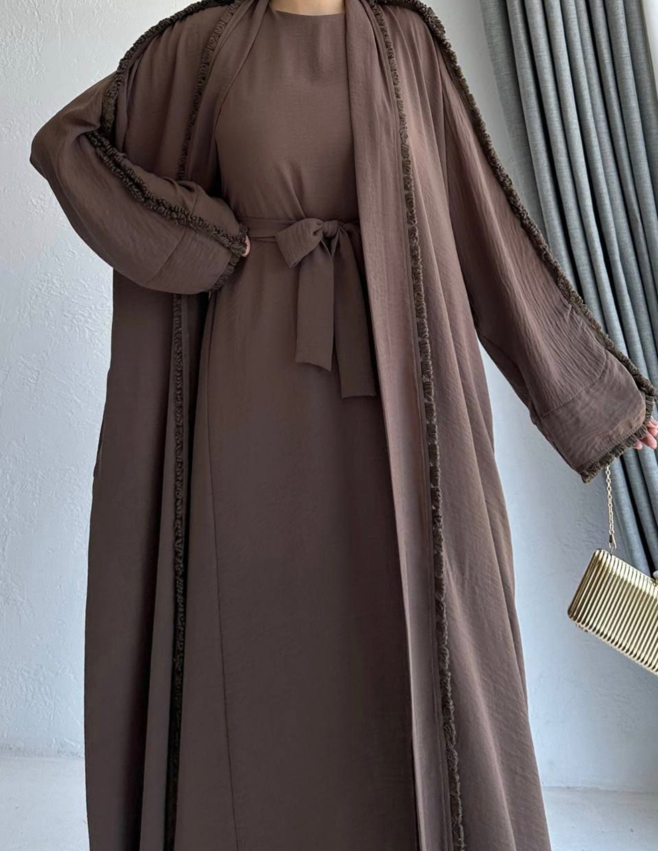 3 Pcs Cotton Open Belted Abaya