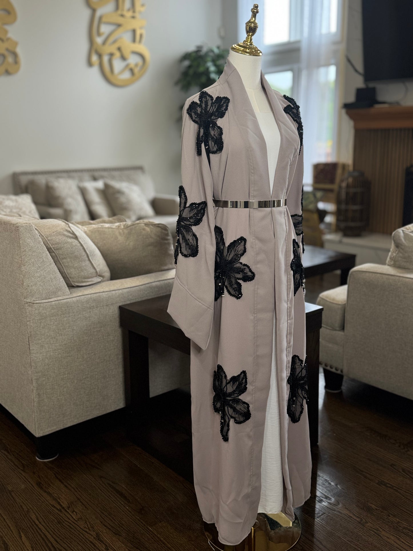 Lace Blossoms Cequin Floral Detailing on a Luxurious Open Abaya