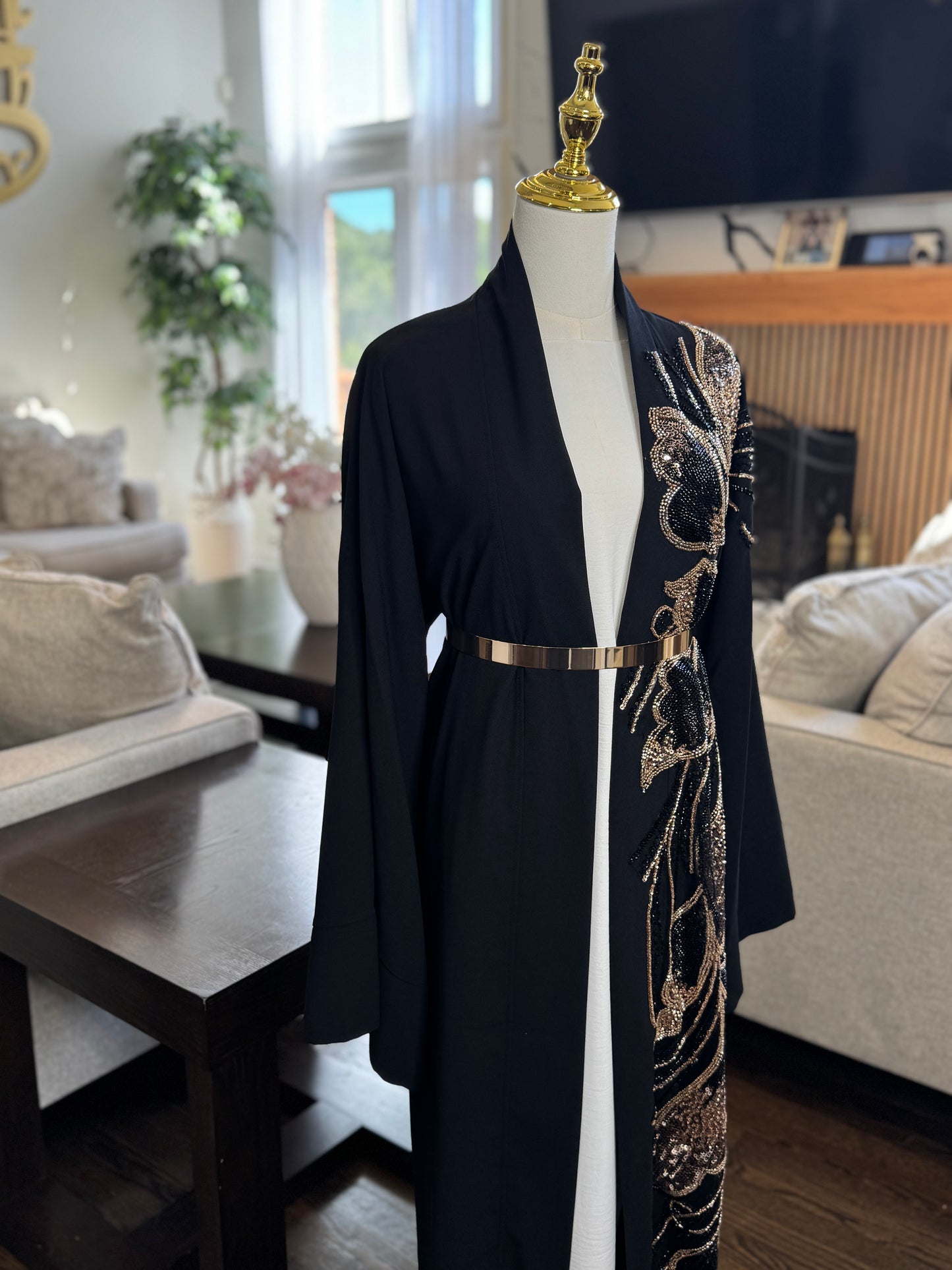 One Side Embellished Beaded Open Abaya