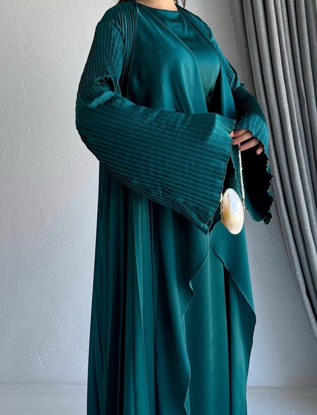 3 Pcs Satin Pleated Open Abaya set