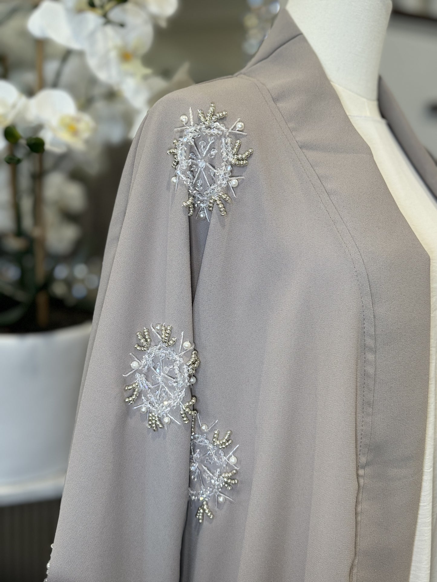 Embellished Handwork Beaded Gray Open Abaya Wide Sleeves