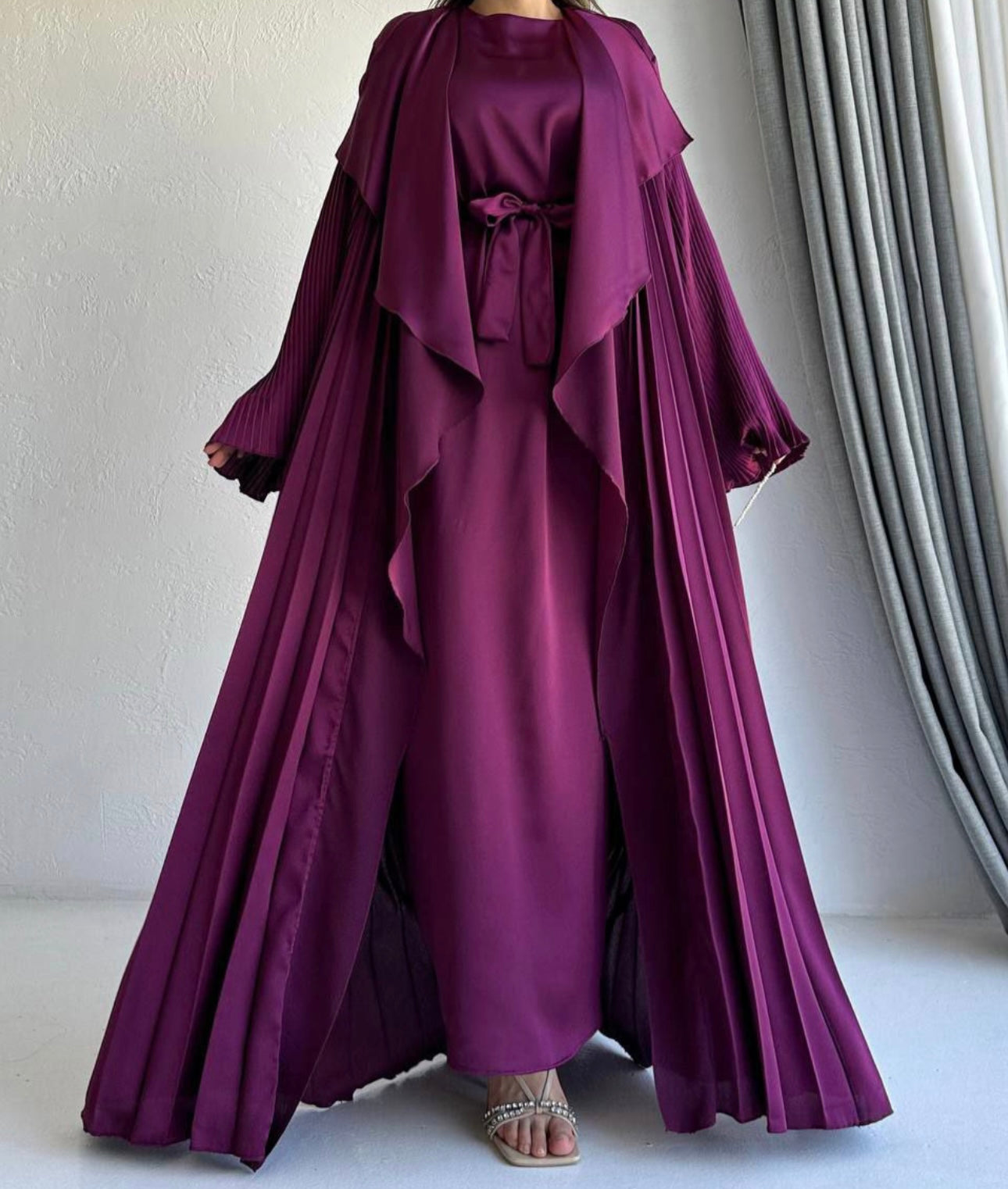 3 Pcs Satin Pleated Open Abaya set