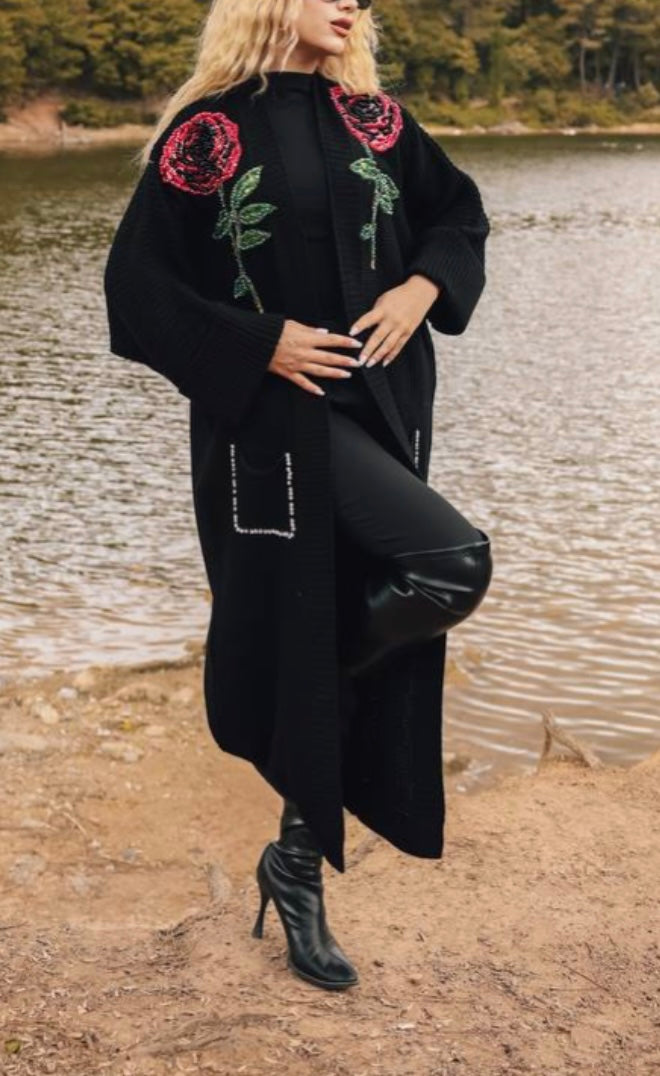 Embellished Beaded Black Knit Cardigan With Red Rose