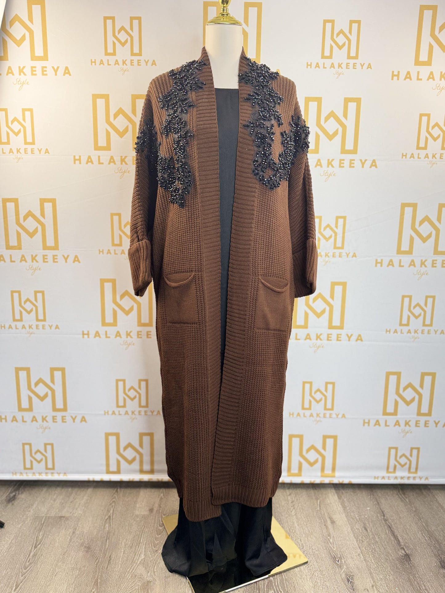 Brown Embellished Black Beaded Knit Long Cardigan Jacket