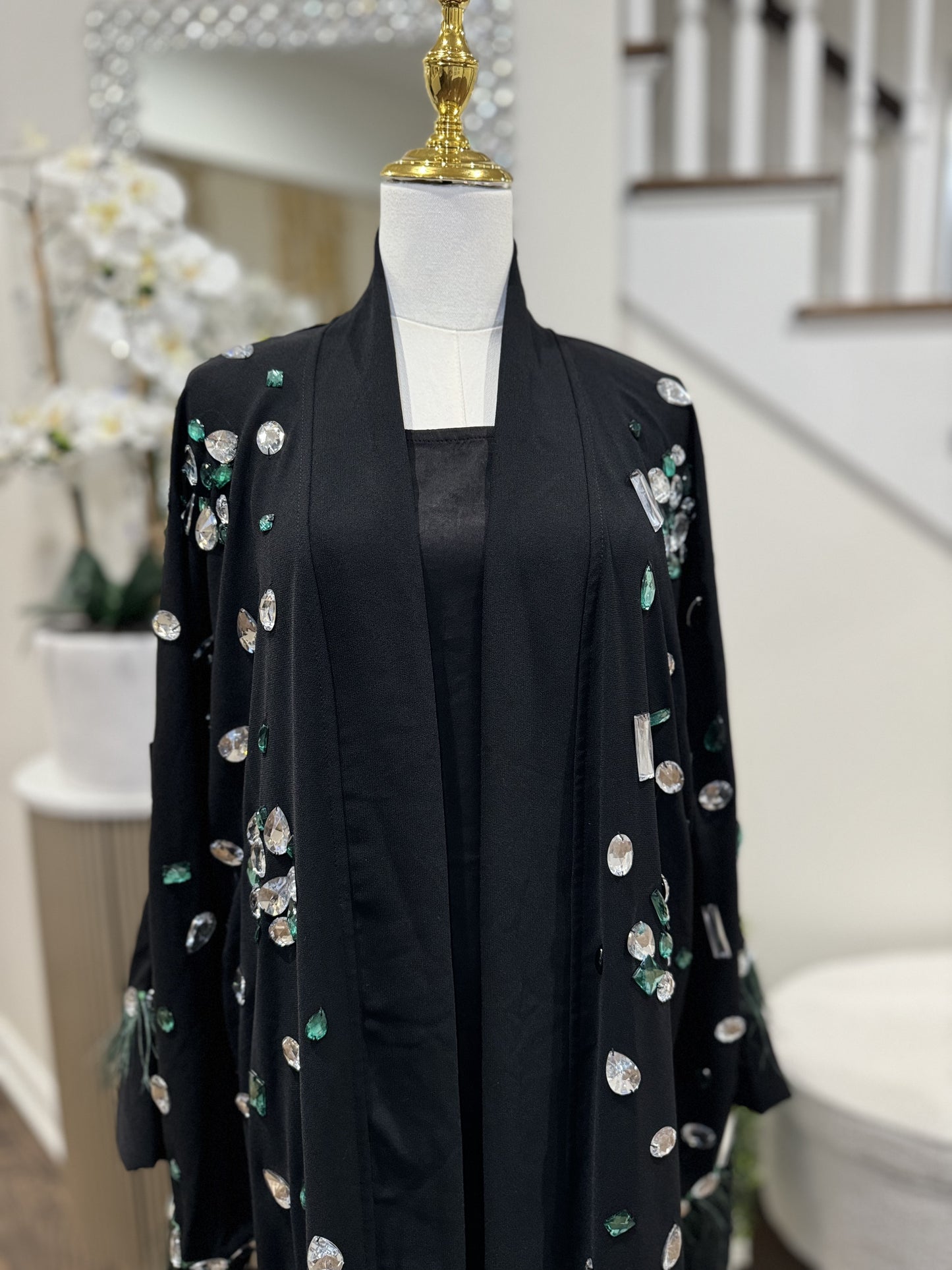 Crystal Embellished Open Abaya With Feathers Finished