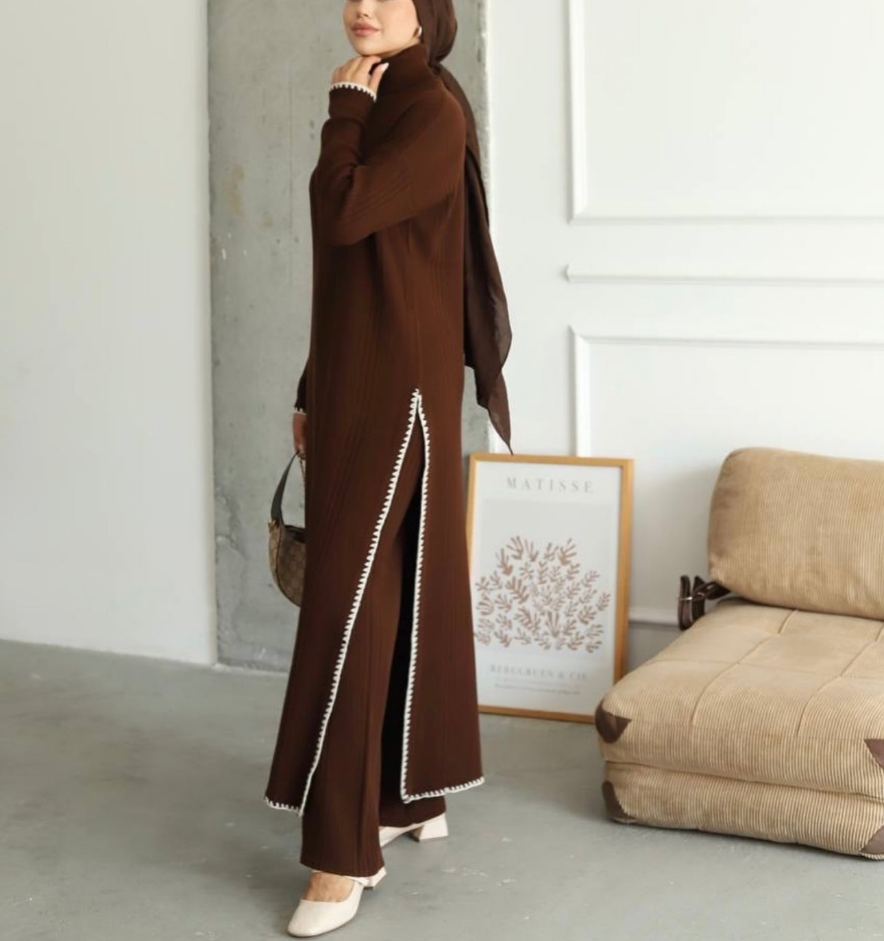 2 Pcs Co-Ord Knit-Crochet Details Pants Set Turtleneck Full Length top