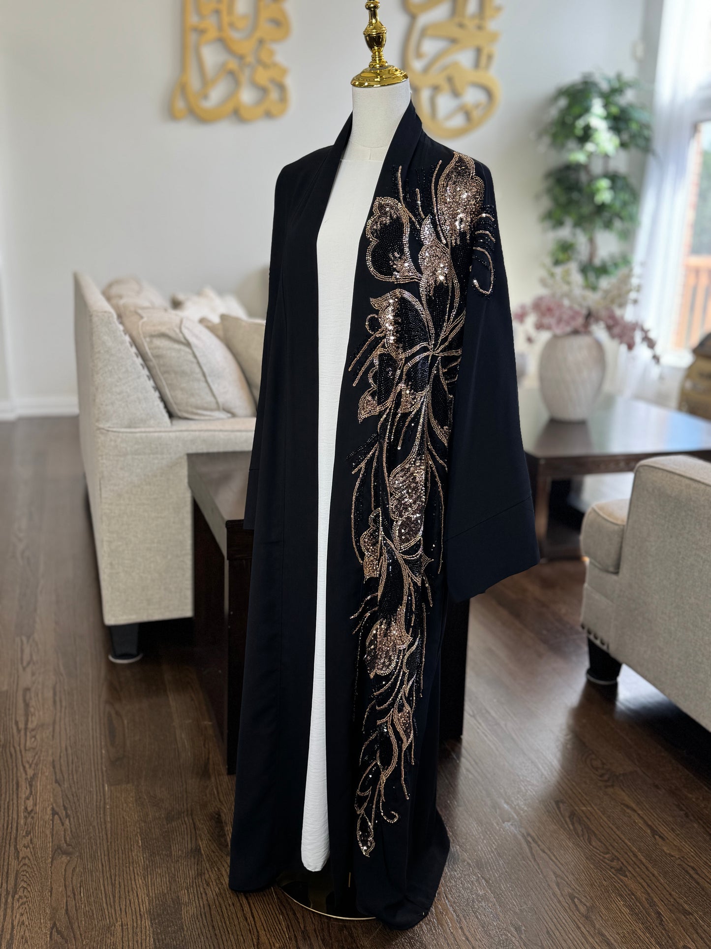 One Side Embellished Beaded Open Abaya