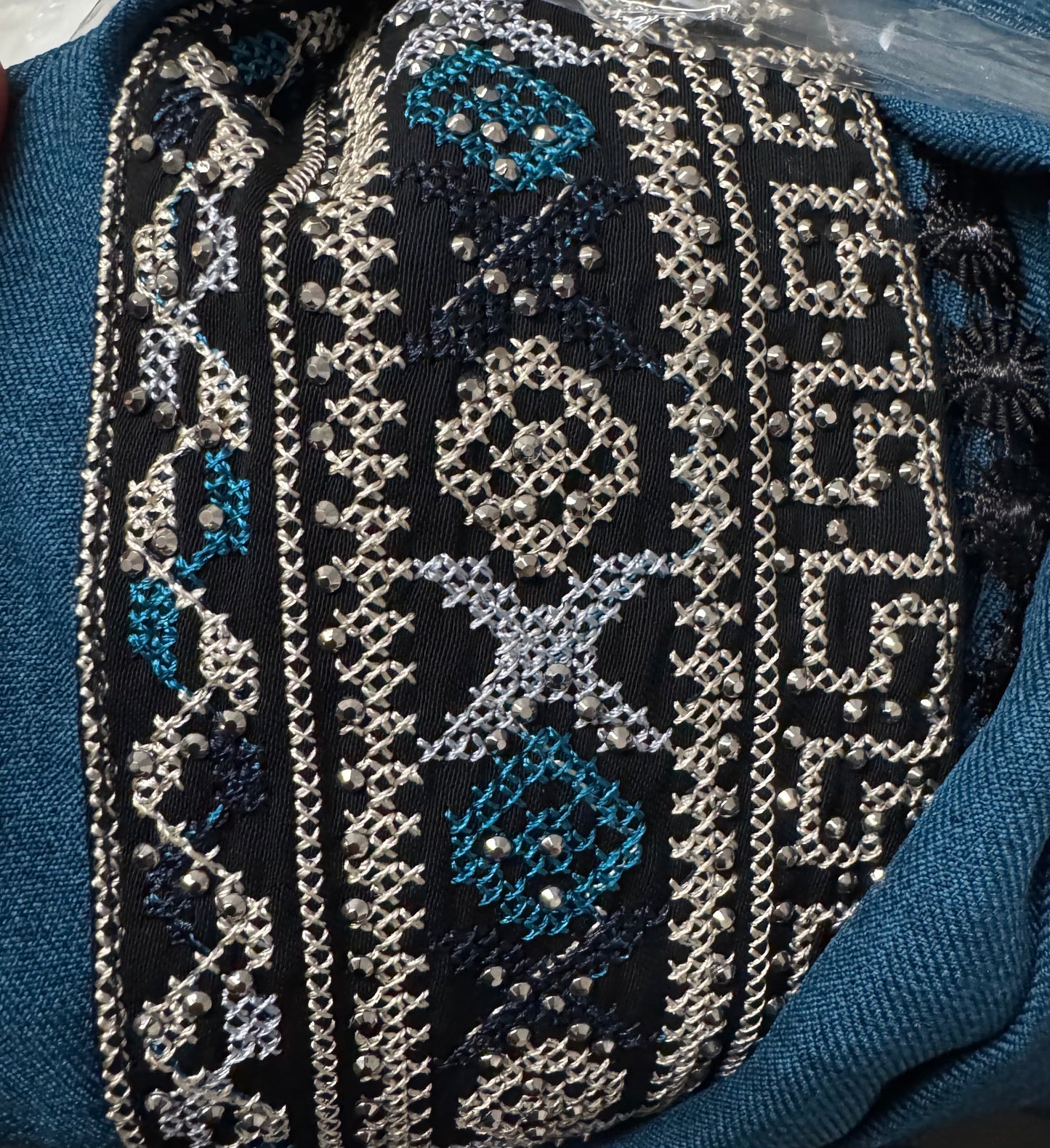 3 pcs Teal Palestinian traditional embroidered tatreez open abaya Thobe