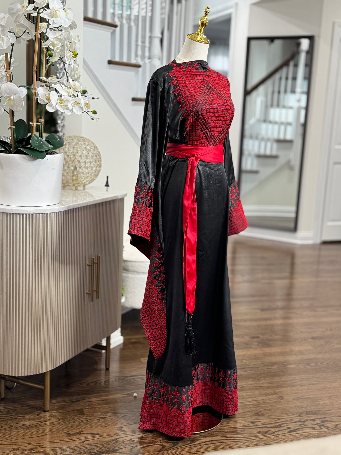 Black Satin Embroidered Thobe with Wide Sleeves