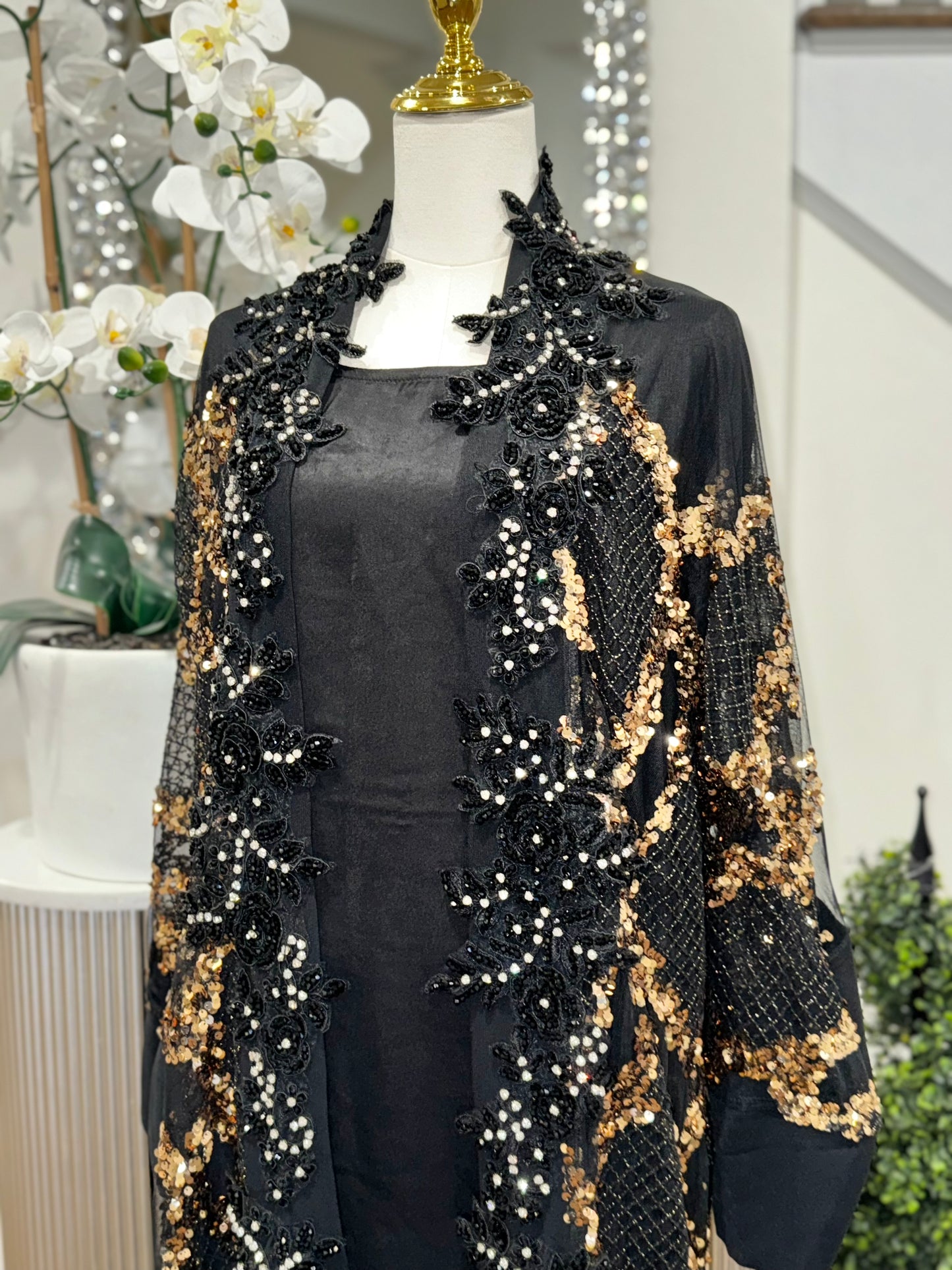 Handwork Sequins and Beaded Mesh Black Abaya with Wide Sleeves