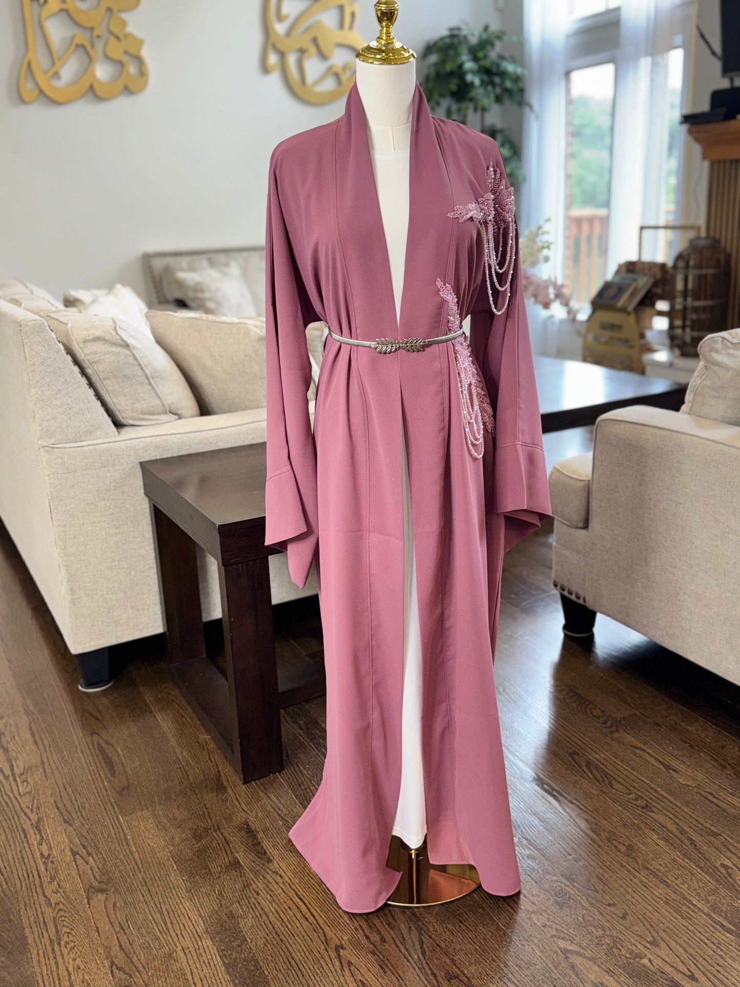 Pink Open Abaya With Embellished Beadwork On Shoulder