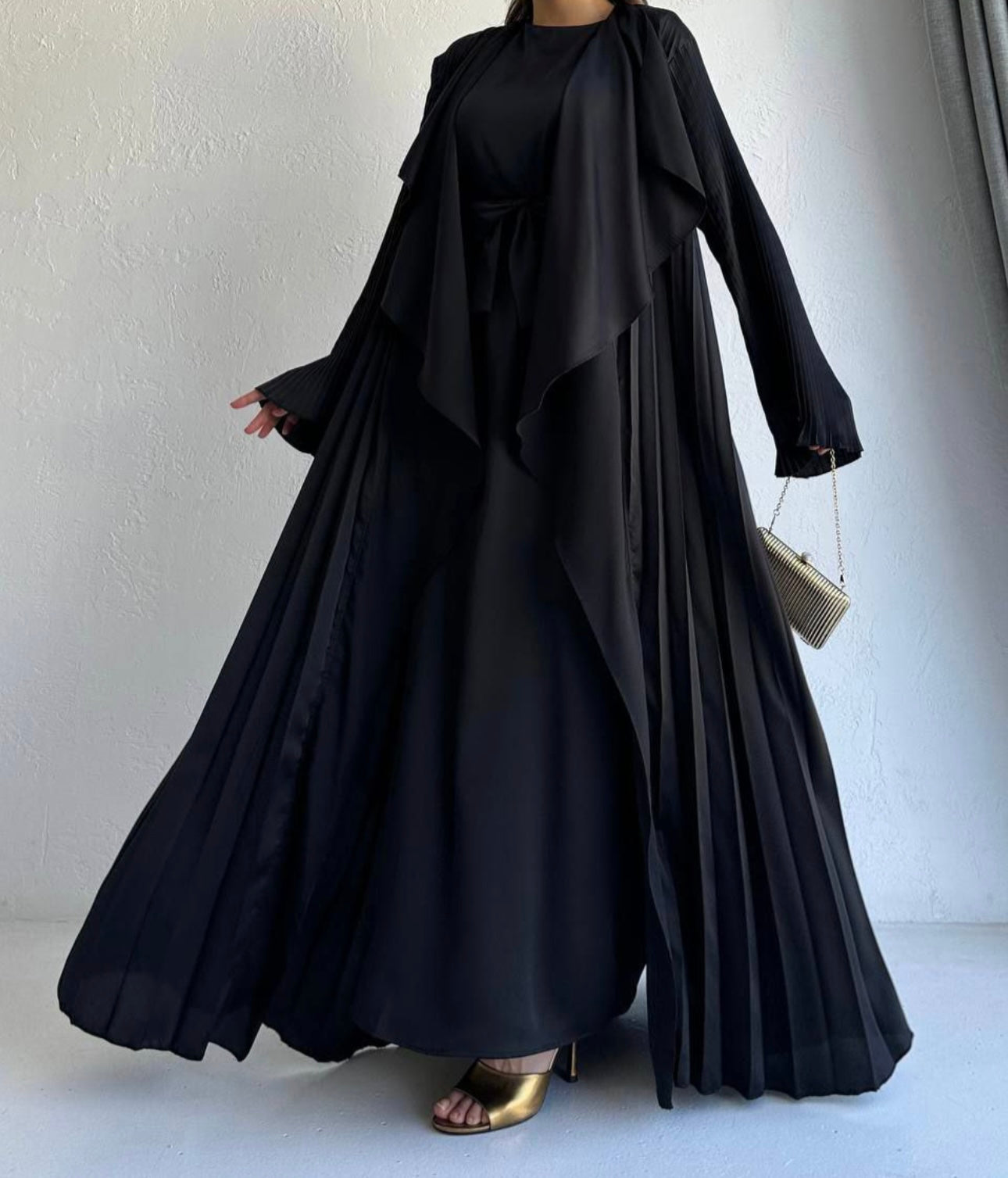 3 Pcs Satin Pleated Open Abaya set